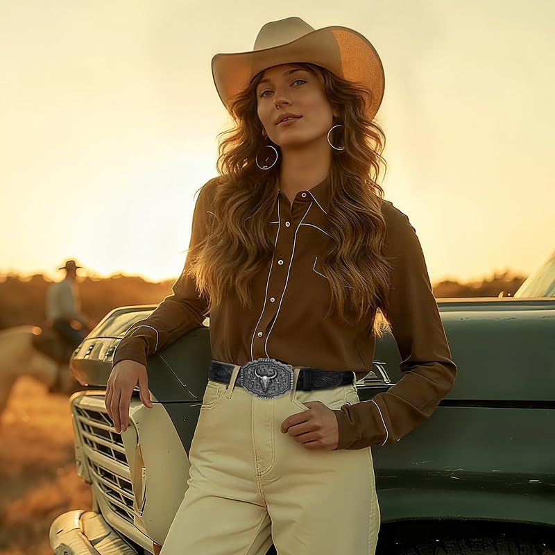 Cowboy Western Belts for Men Woman, Leather Cowboy Belt Men Women Western Cowgirl Country Belts for Gifts Jeans - Image 3