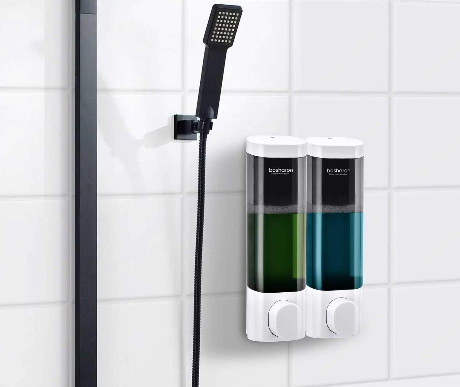 Bosharon Wall Mounted Soap Dispenser, Shampoo Dispenser for Shower Wall, Manual Wall Soap Dispenser for Bathroom, Kitchen, Hotels, Restaurants. Shower Soap Dispenser 300 ML (White 2 Chambers)