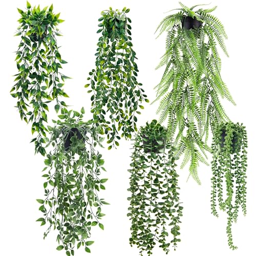 Der Rose 6Pcs Fake Plants Hanging Faux Eucalyptus Vines Artificial Potted Hanging Plants Indoor for Room Wall Shelf Outdoor Decor