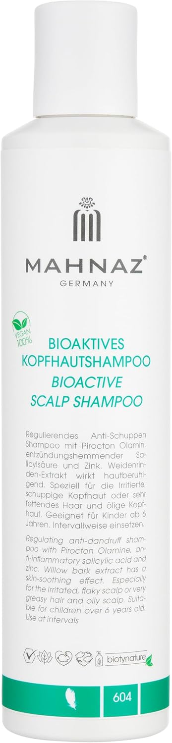 MAHNAZ Bioactieve hoofdhuidshampoo 200 ml, rustgevend, tegen roos en jeuk, voor olieachtige hoofdhuid, met salicylzuur & pirocton olamine, veganistisch, dermatologisch getest, zachte shampoo vanaf 6