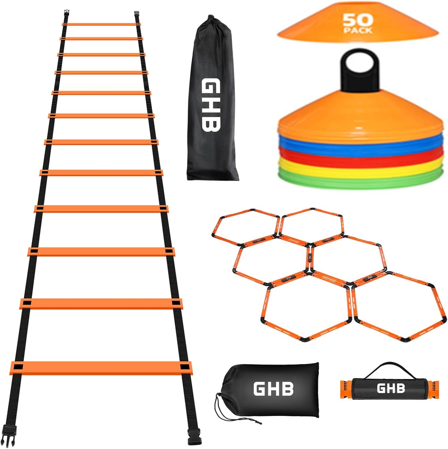 GHB Agility Ladder 1PCS Agility Cones 50PCS Hex Agility Rings 1 Pack