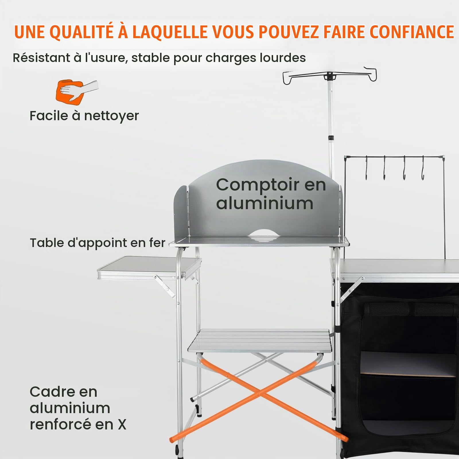 VEVOR Cuisine de Camping 146x46x168 cm Armoire de Camping Pliable Structure en Alu Grand Comptoir Meuble de Cuisine avec Pare-Brise 2 Compartiments avec Sac de Transport pour BBQ Pique-Nique Jardin