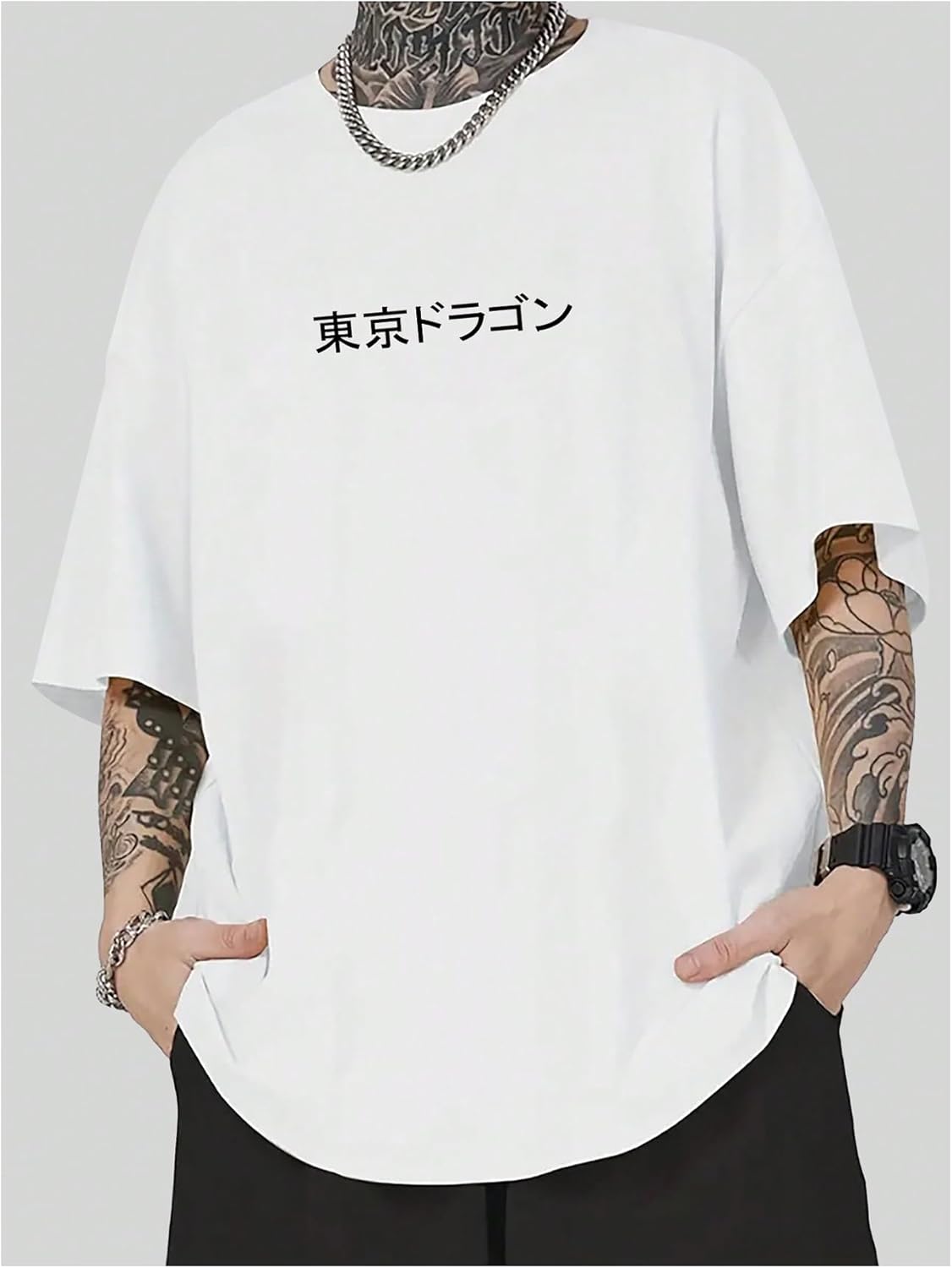 GORGLITTER Men's Japanese Letter Graphic Tee Top Oversized Short Sleeve Casual Aesthetic Print T-Shirt - Image 2