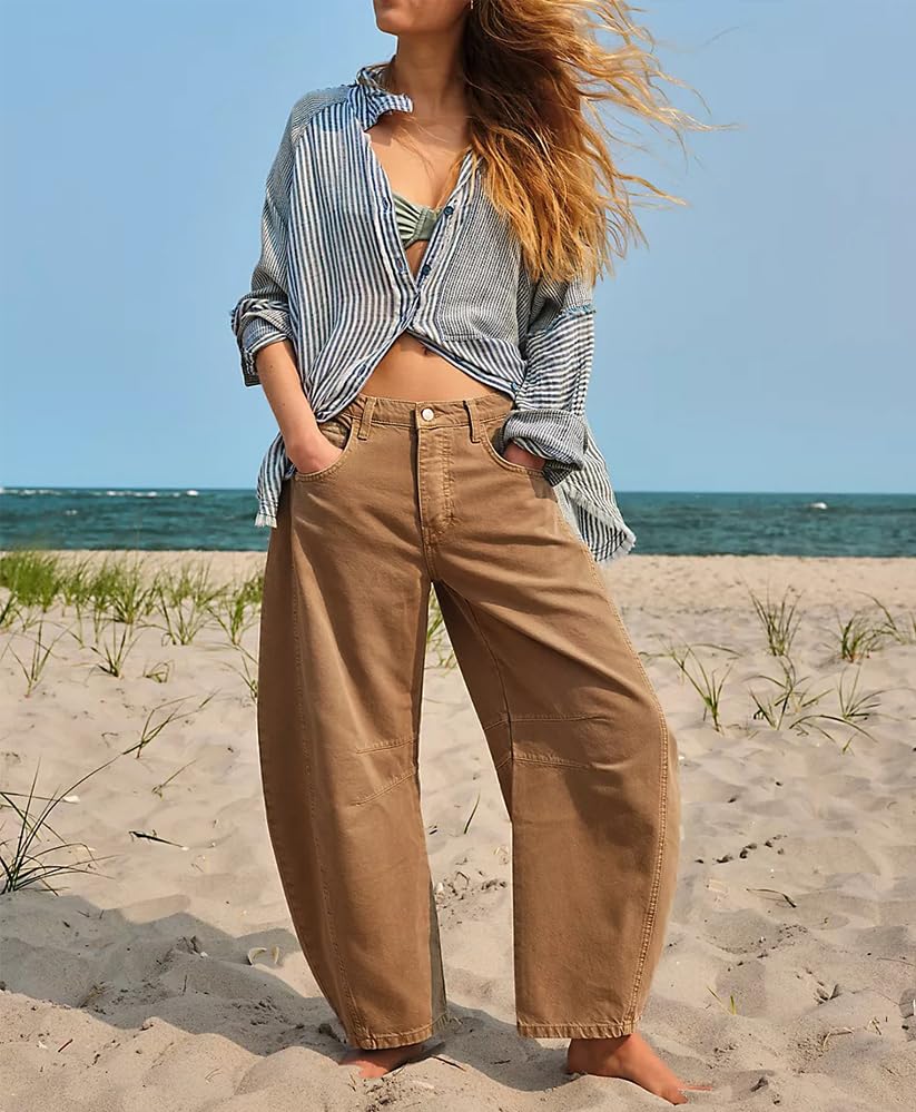 Barrel Jeans Women Mid Rise Barrel Leg Pants, Wide Leg Boyfriend Jeans for Women Retro Denim Baggy Vintage Horse Shoe Jeans2