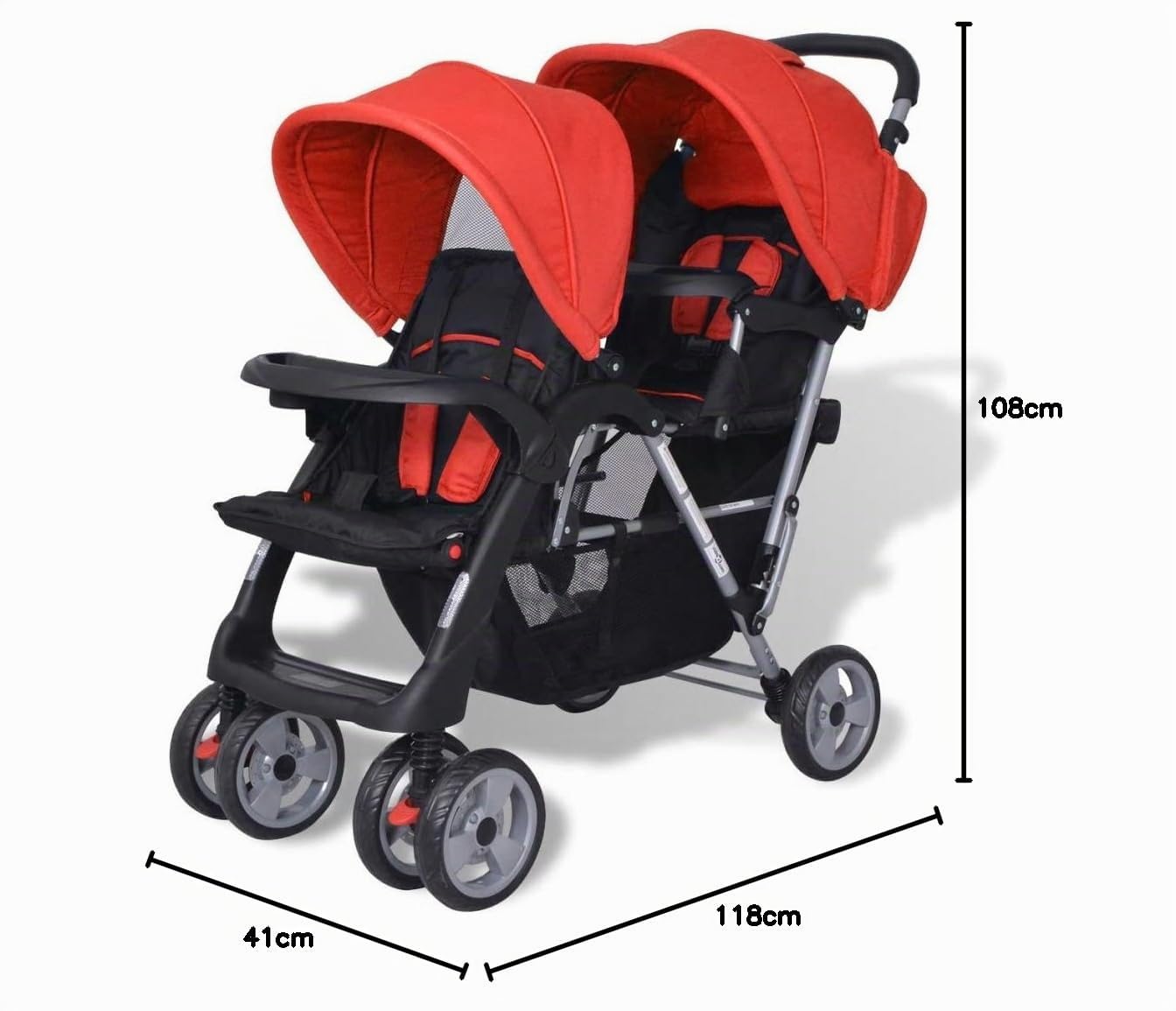 Carrito para dos bebé, MOONAIRY Cochecito Bebe, Coche Bebe, Baby Stroller,s tandem rojo y negro de acero
