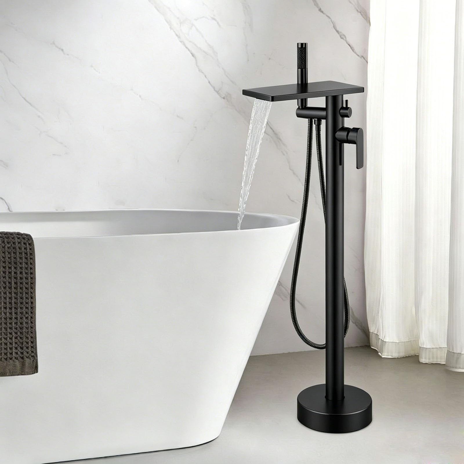 Mitigeur sur pied baignoire cascade noir avec douchette inverseur 2 modes
