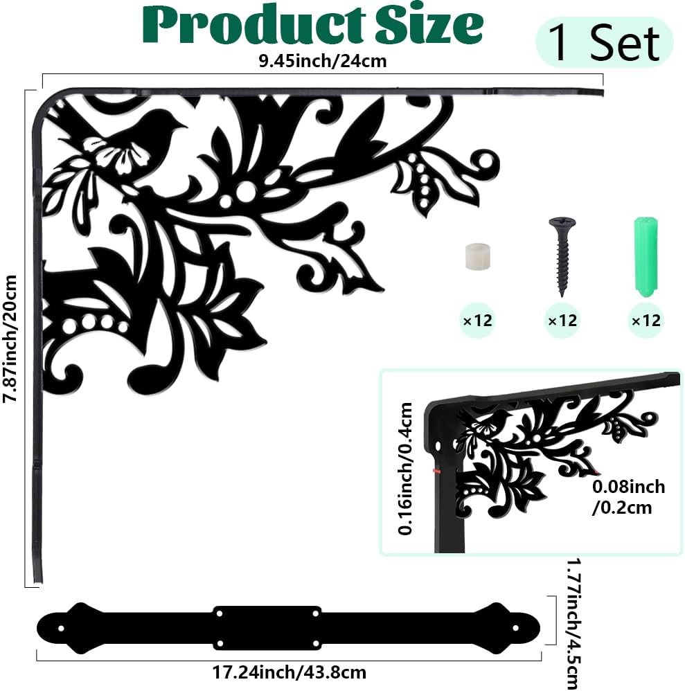 2Pcs Rustic Cast Iron Shelf Brackets Decorative Shelf Brackets Birds Black Floral Birds Wall Mount Ornate Right Angle Rustic Style Holder for Kitchen Home Decoration 6.77 x 8.27 x 0.08 Inch
