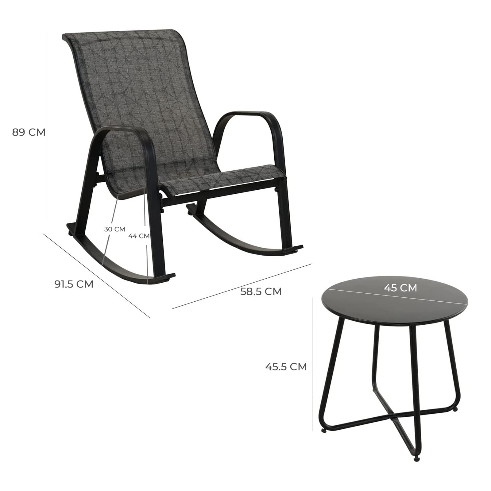 Grand Conjunto de Mecedora de Jardín de 3 Piezas, Tumbona Mecedora de Tejido Textil Transpirable e Impermeable, Tumbona para Jardín, Patio y Balcón(Negro & Tela Escocesa Gris, 3PC)
