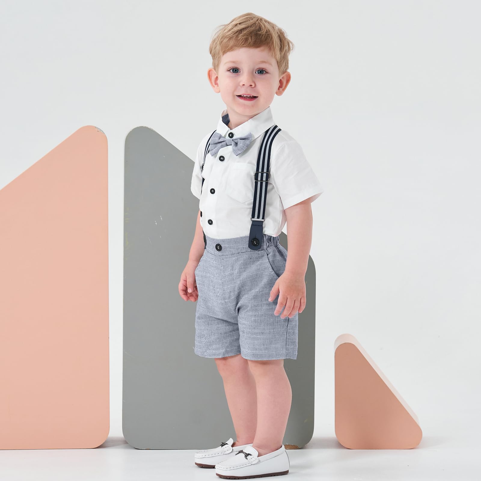 Volunboy Ensemble court formel pour bébé garçon - Tenue d'été gentleman - Manches courtes - Nœud papillon - Chemise à bretelles - Short - Blanc et bleu - 3 ans, Blanc et bleu., 3 Jahre/4 Jahre