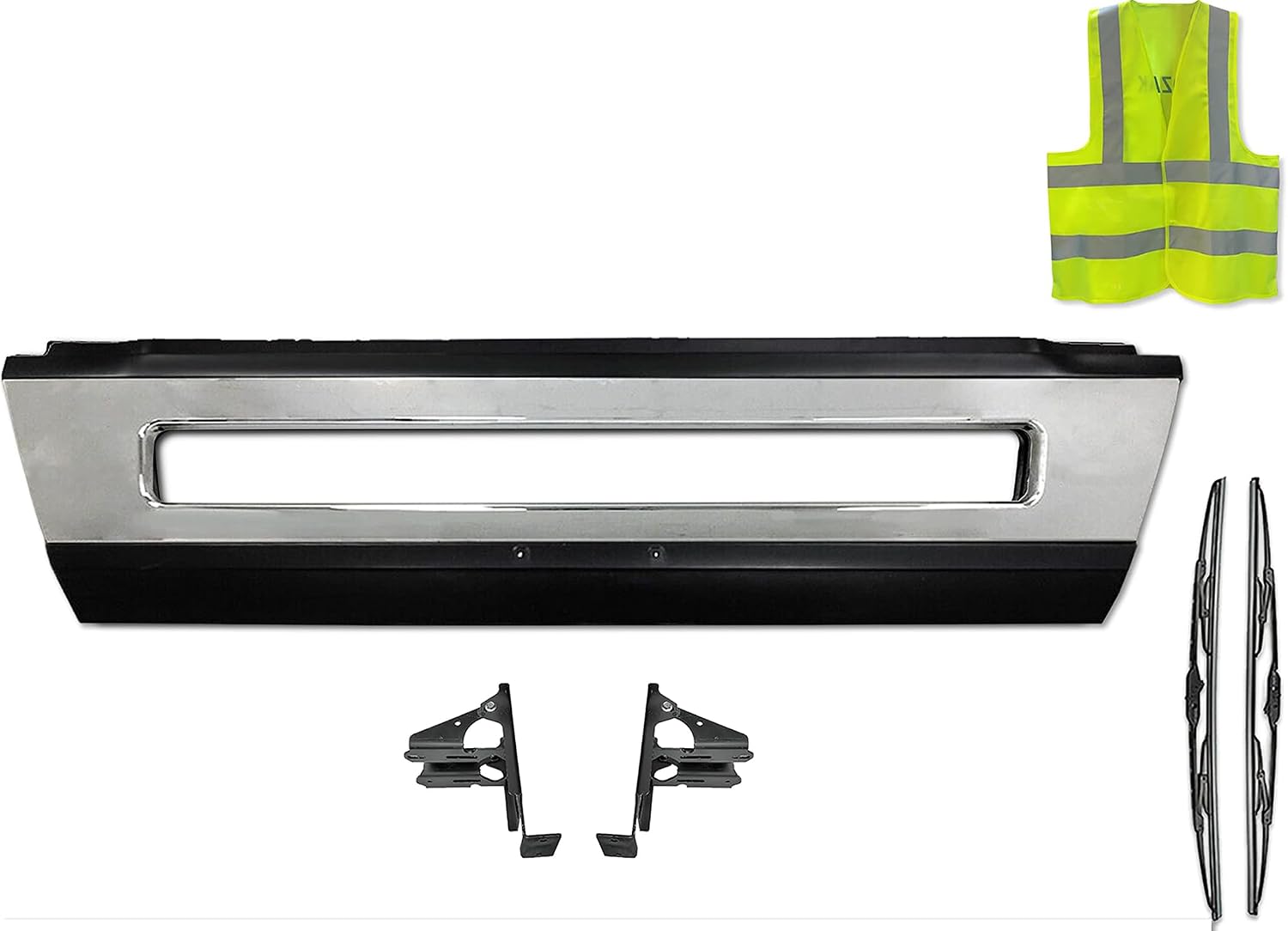 KOZAK Center Bumper Plastic Middle Facia 82741337 with Chrome Trim & Brackets Compatible with Volvo VNL 2016-2017, Includes Logo with Stripe, 2x 22" Windshield Wipers, and Reflective Vest