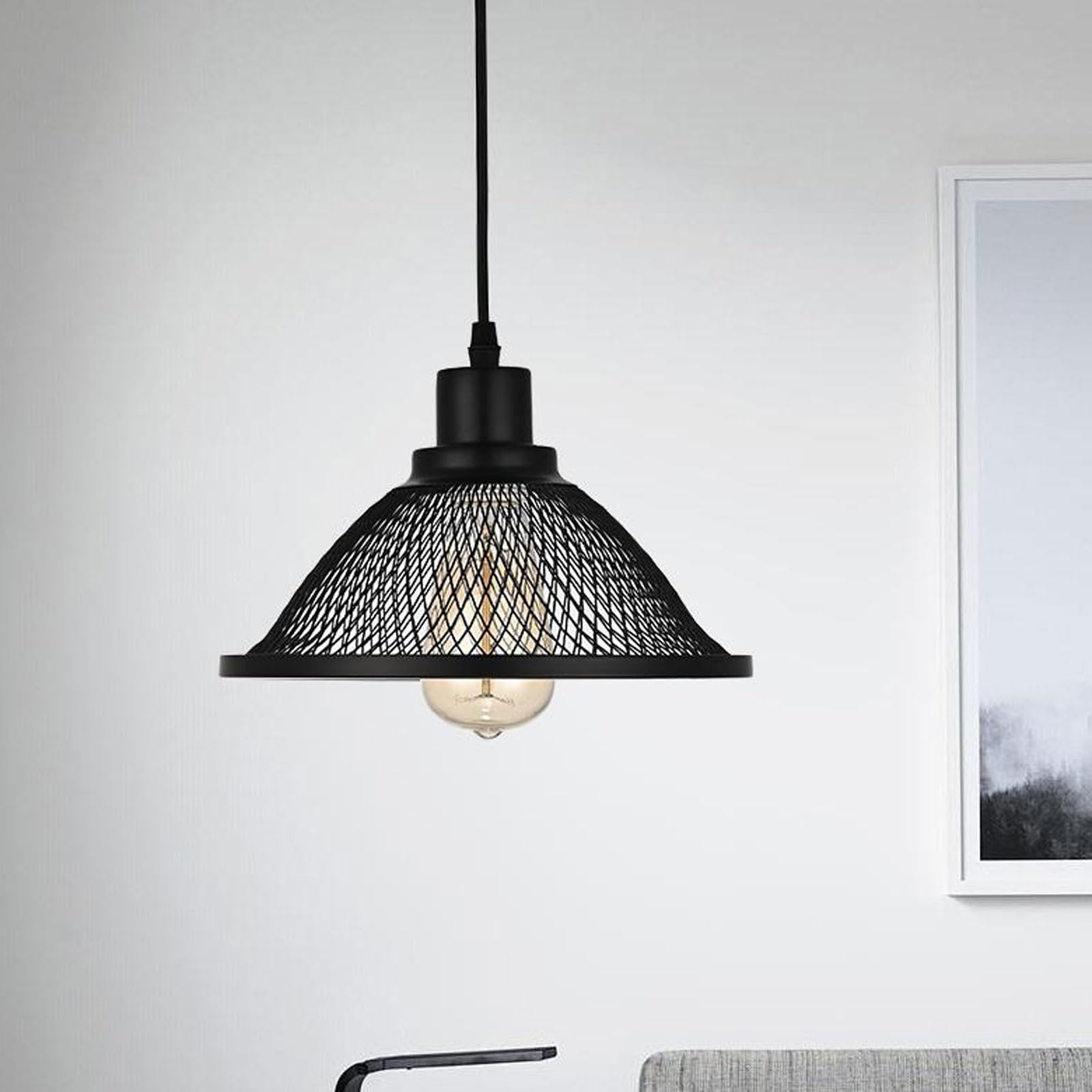 Lampada a sospensione in ferro con rete nera, attacco E26, luce calda, lampada da comodino, lampadario industriale vintage, adatto per caffè, bar e altri ambienti.