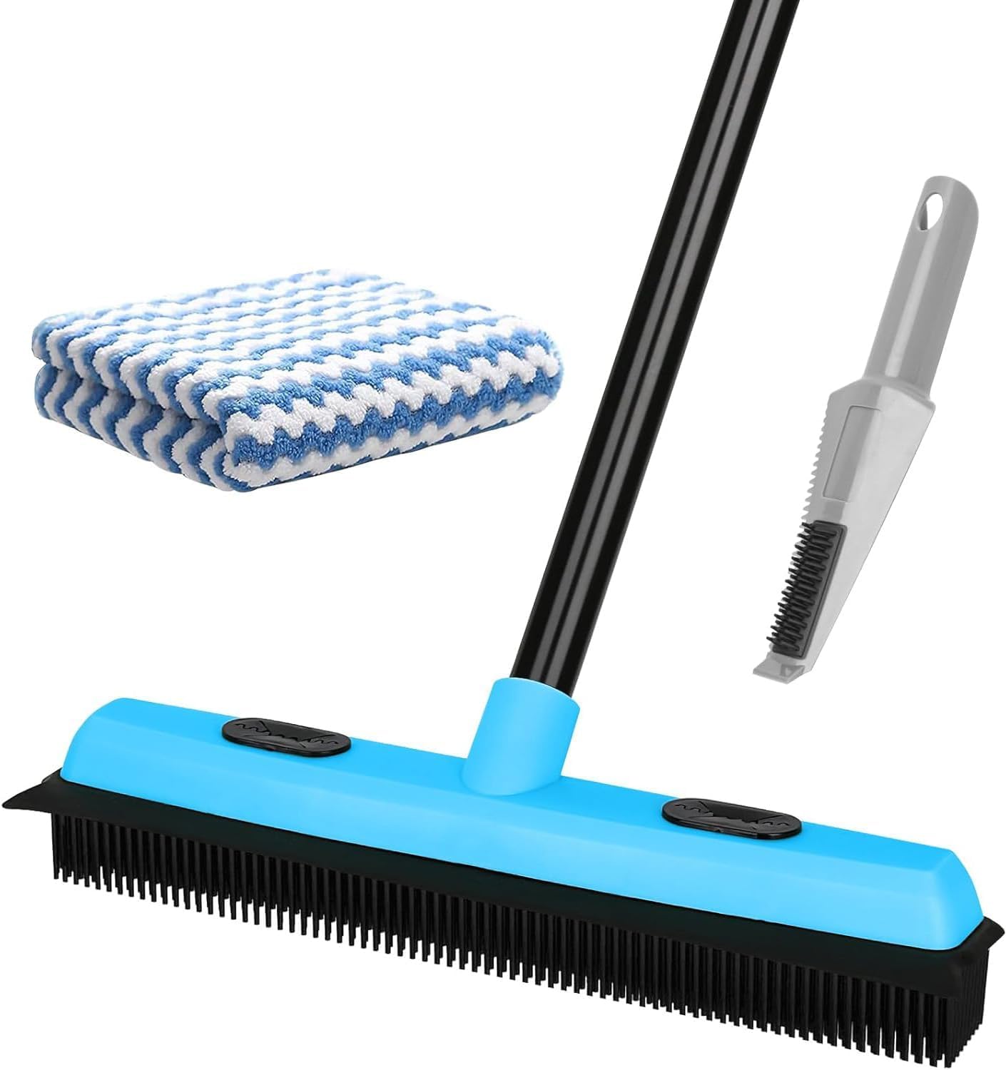 Kefanta Blue Rubber Floor Brushes, Artificial Grass Cleaner Brush,Long Handle With Squeegee, For Carpet,Hardwood,Tile, Pet Hair Broom Includes One Microfiber Cloth And Lint Remover Brush Bristles