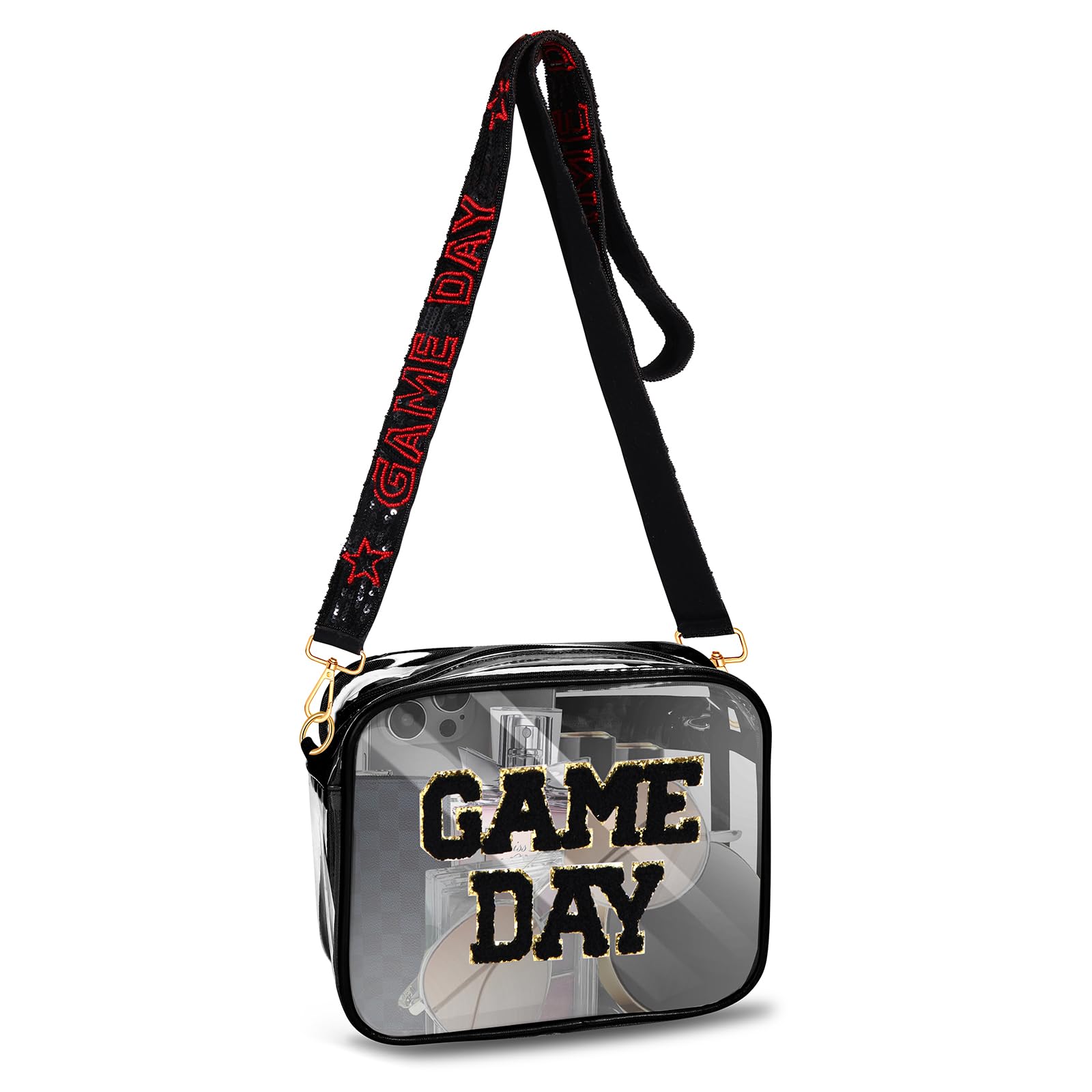 boderier Game Day Clear Bag Stadium Approved Crossbody Purse Bag Beaded Sequins Purse Strap Clear Bag for Stadium Events