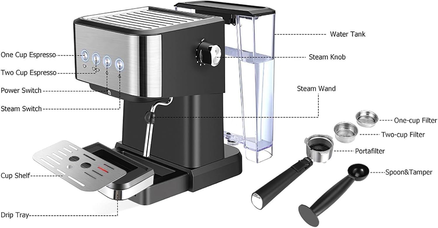 1050W Espresso Machine, Professional Coffee Maker, with Milk Frother Steam Wand, 1.5L Removable Water Tank, for Espresso, Cappuccino, Latte