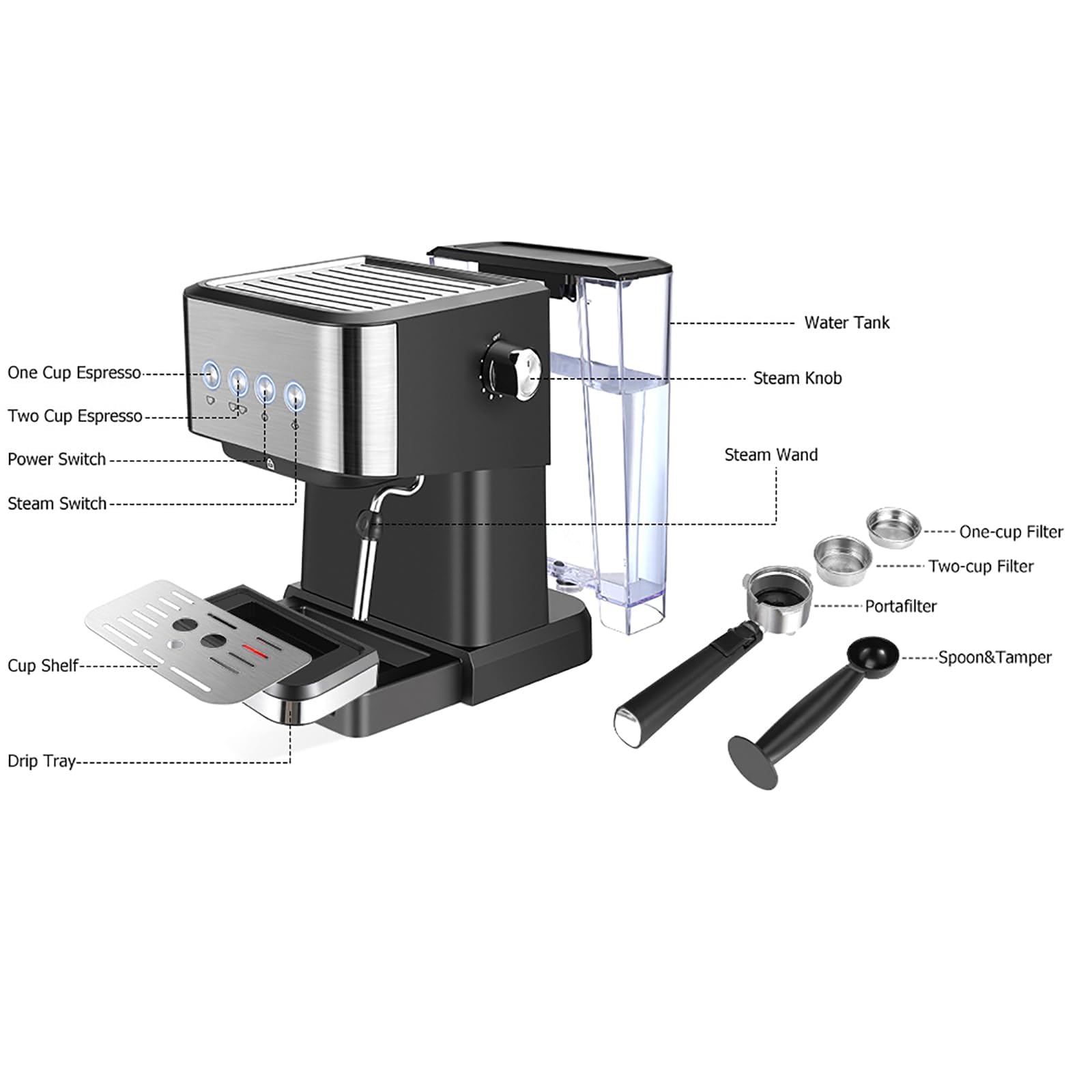 Cafetera expreso Profesional de 1050 W con vaporizador de Leche y depósito de Agua extraíble de 1,5 L para expreso, Capuchino y Latte.