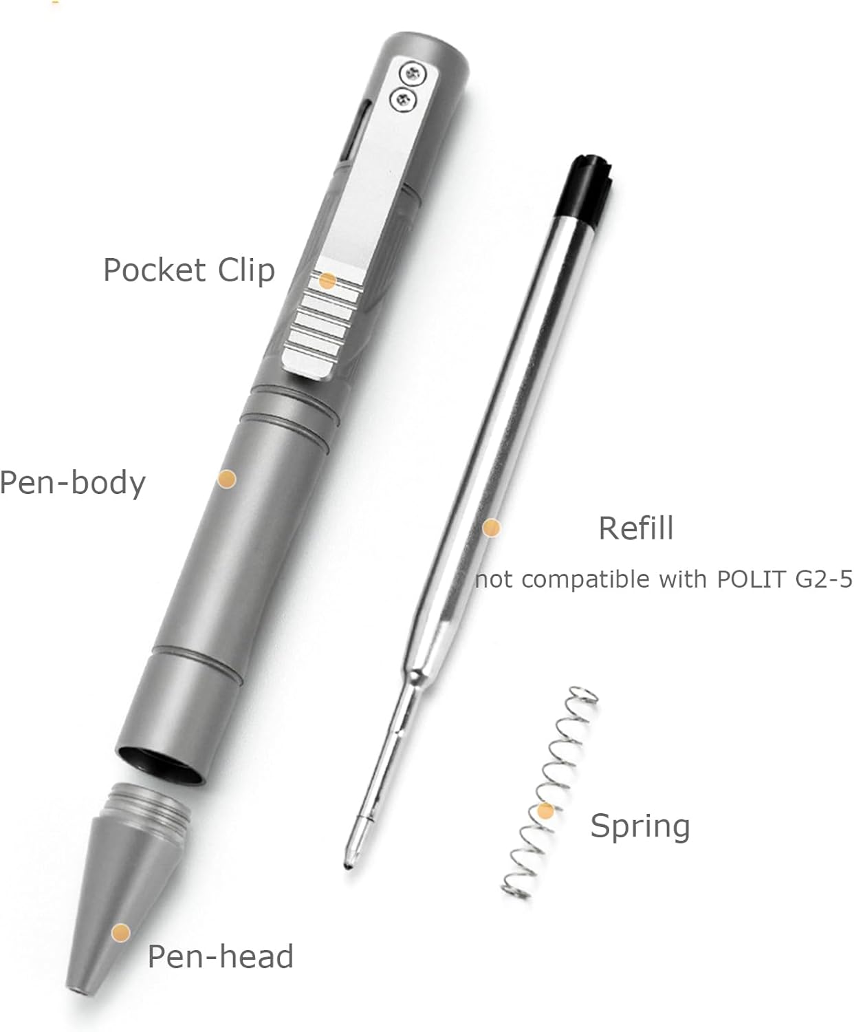 Hamans Bolt Action Pen with Pocket Clip 4.8“ Refillable Titanium Ballpoint Ink EDC Writing Pen Compatible with Parker Refill