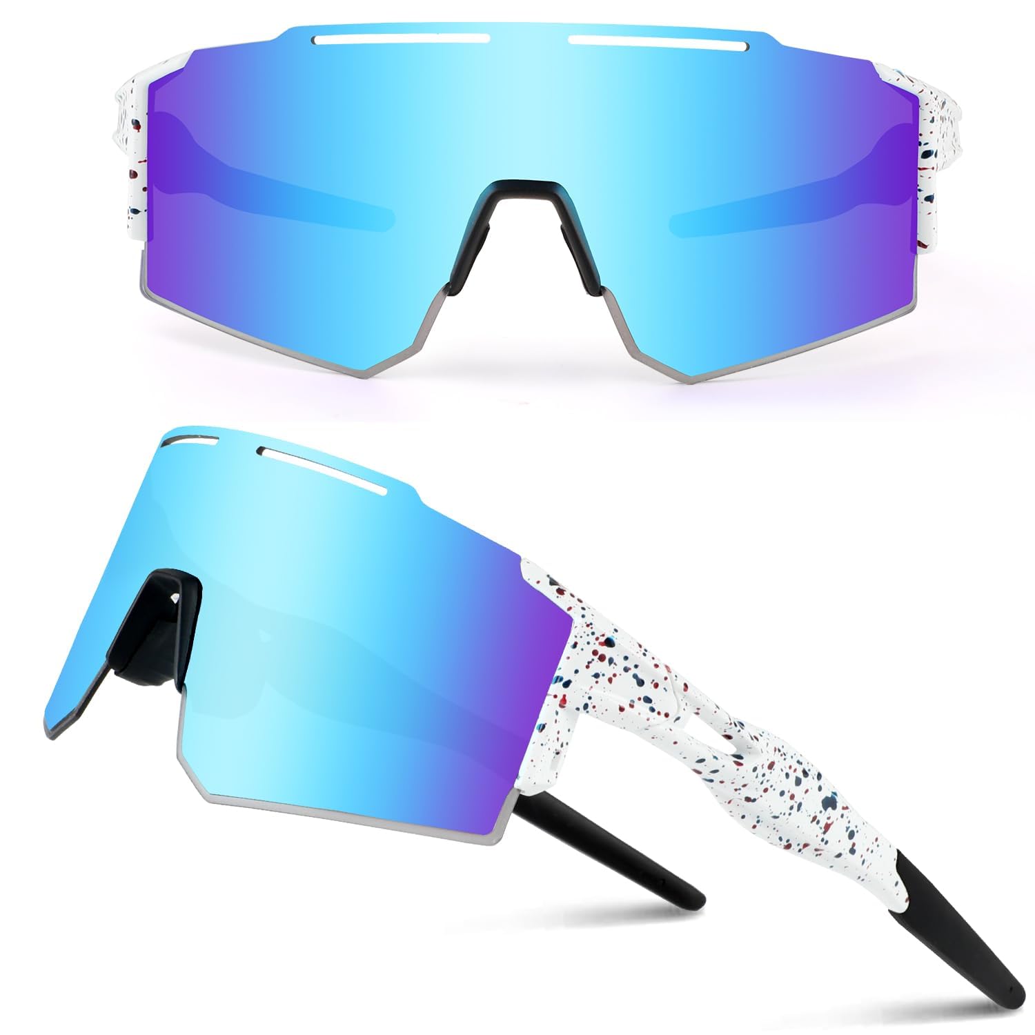 DUDUKING Sonnenbrille Fahrradbrille Herren Damen,Wassertransferdruck Sportbrillen Radsport Brillen für Outdoorsport Radfahren Laufen Golf UV 400 Schutz Baseball Brille (WeißBlau)