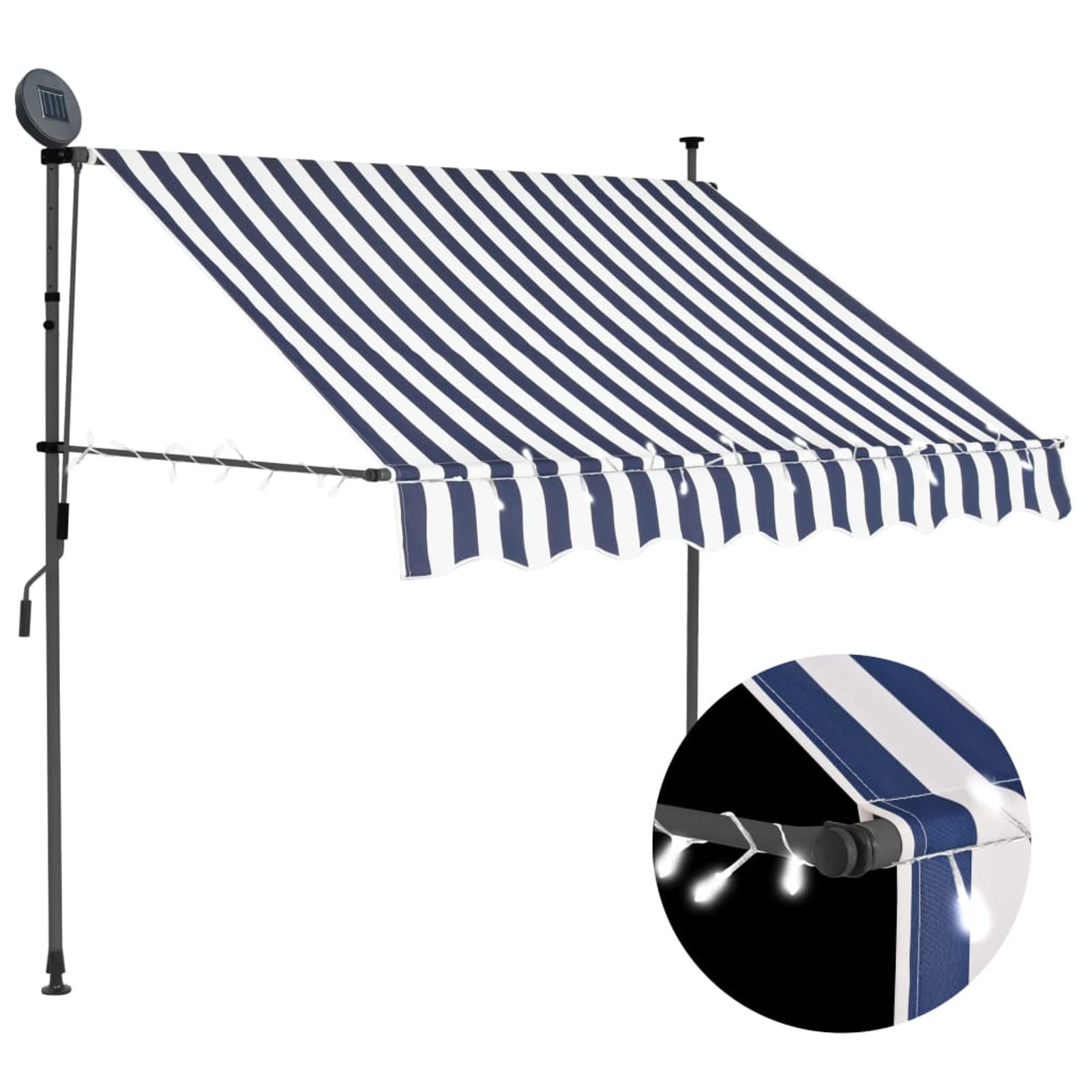 Tidyard Auvent Manuel Rétractable avec LED 150 cm Bleu et Blanc, Store Banne de Jardin Hauteur et Inclinaison Réglable, Brise-Soleil pour Balcon Terrasse Porche Restaurant Café