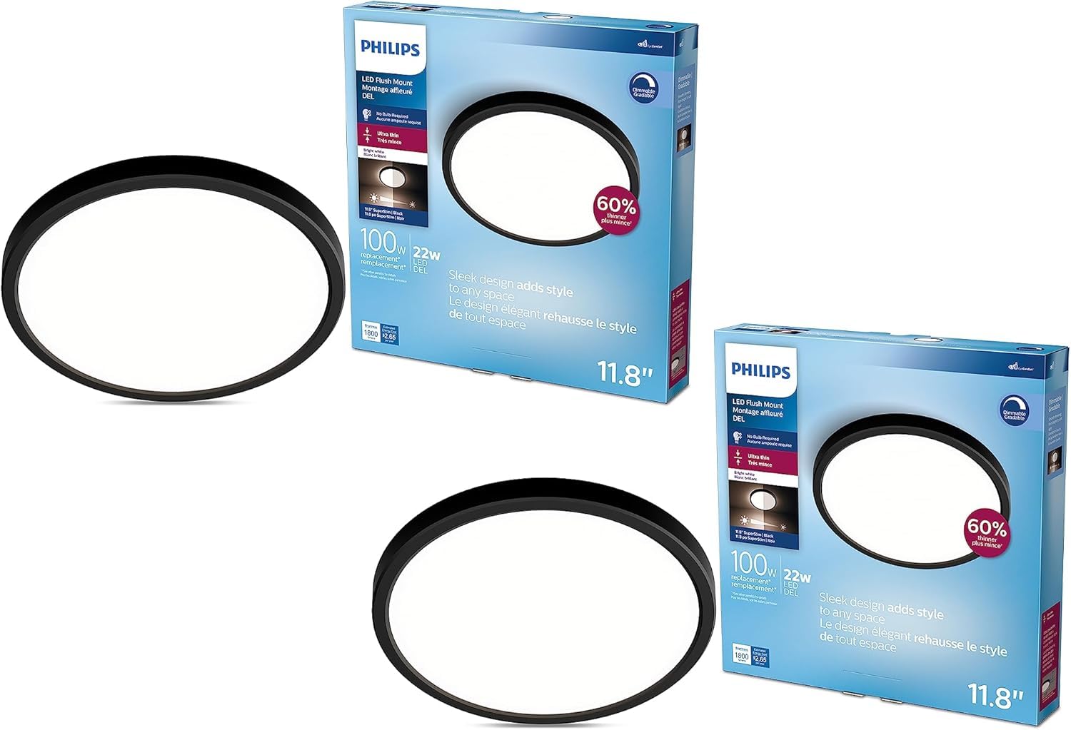 Philips LED 11" Super Slim Flush Mount Ceiling Light - Bright White 3000K - Dimmable LED Light Fixture - No Bulb Required - Easy to Install - 100 W - 1500 Lumens - Black - 2 Pack