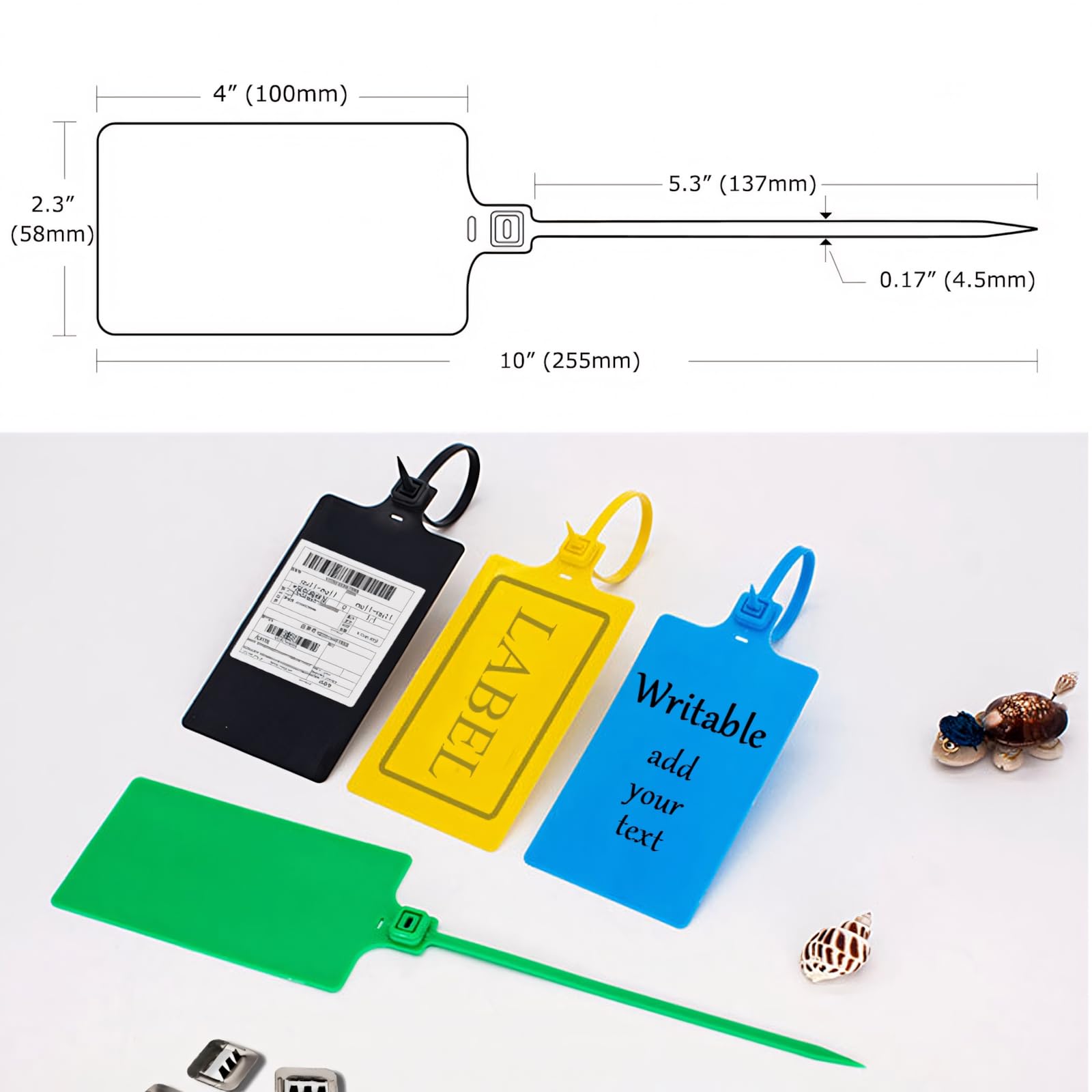 Muka 100 pièces Grande étiquette en Plastique inscriptible avec Fermeture serrée 58x100mm étiquette 255mm Longueur Sangle-Bleu