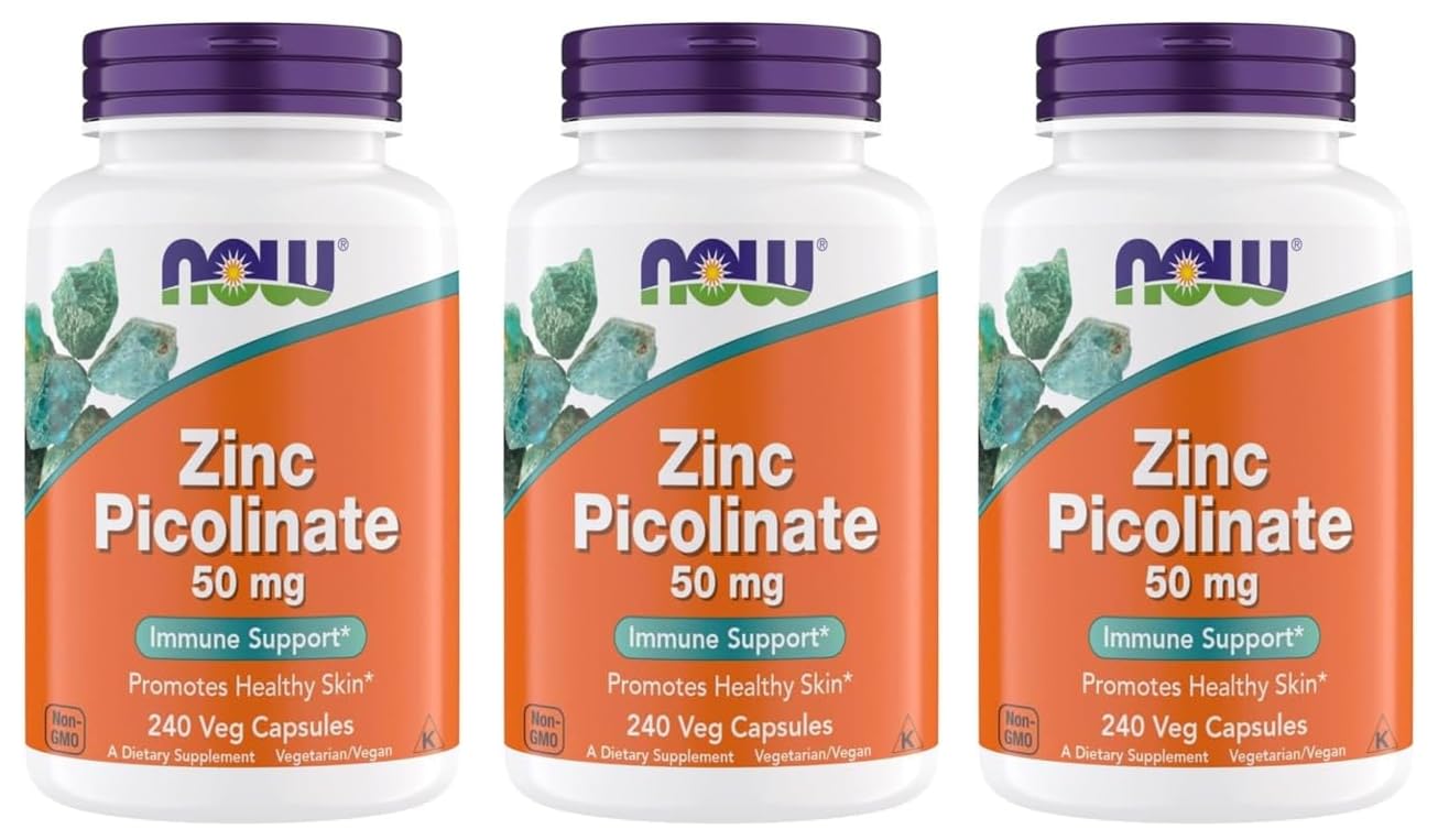 Now Supplements, Zinc Picolinate 50 mg, Supports Enzyme Functions, Immune Support, Non-GMO, Kosher, Suitable for Vegans - 240 Vegetarian Capsules (240 Count (Pack of 3))