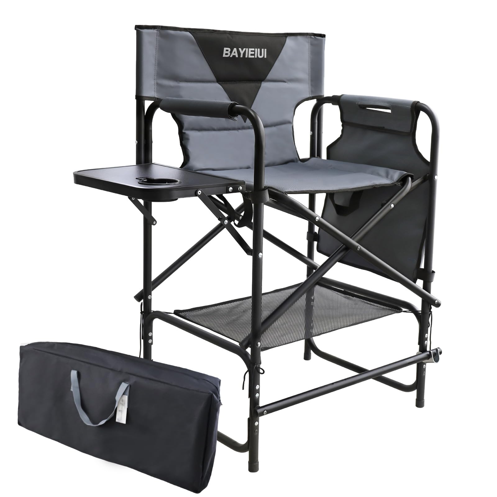 Tall Folding Directors Chair with Side Table 26.77" Seat Height Portable Camping Makeup Artist Bar Chair with Footrest and Carrying Bag 350 Ibs Weight Capacity Grey