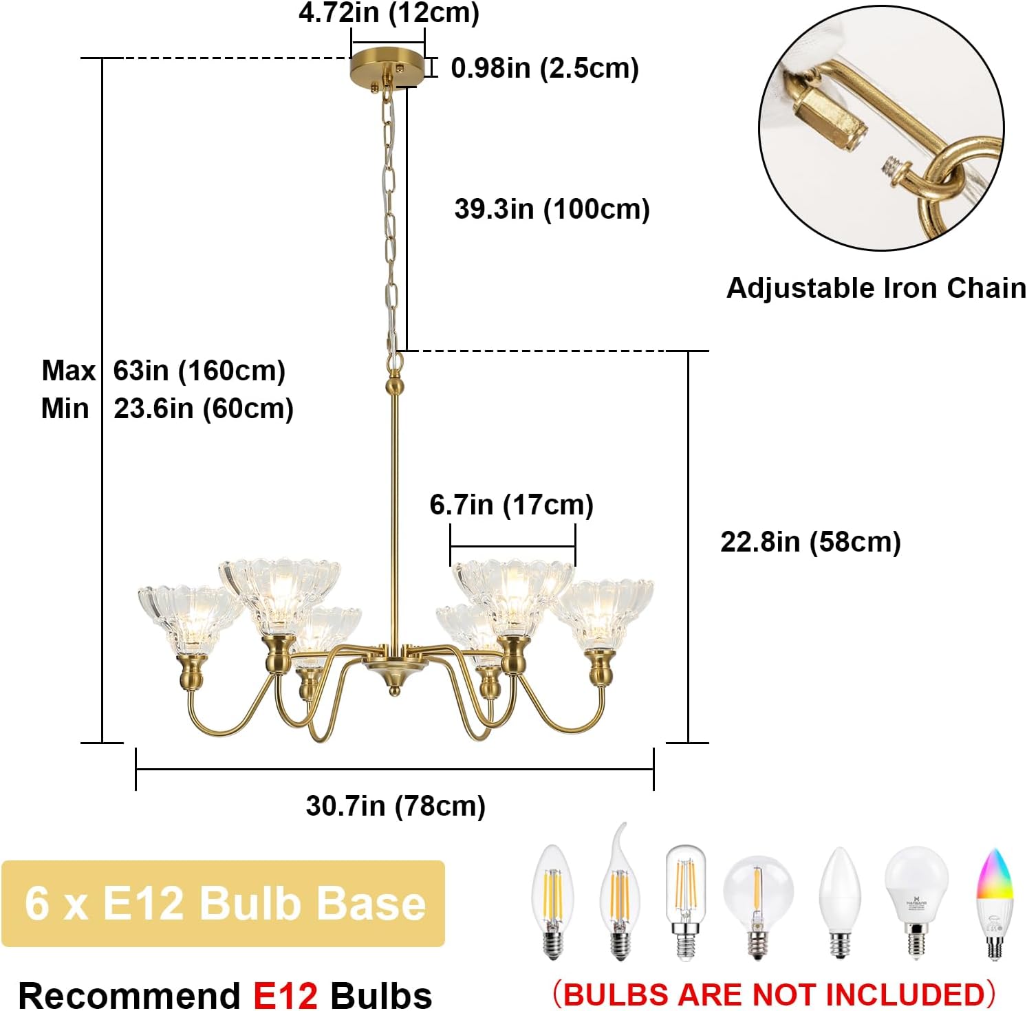 Vintage Chandelier Light, 6-Light Brass Pendant Lights Kitchen Island Lighting with Flower Glass Shade, Ceiling Hanging Light Farmhouse Chandeliers for Dining Room