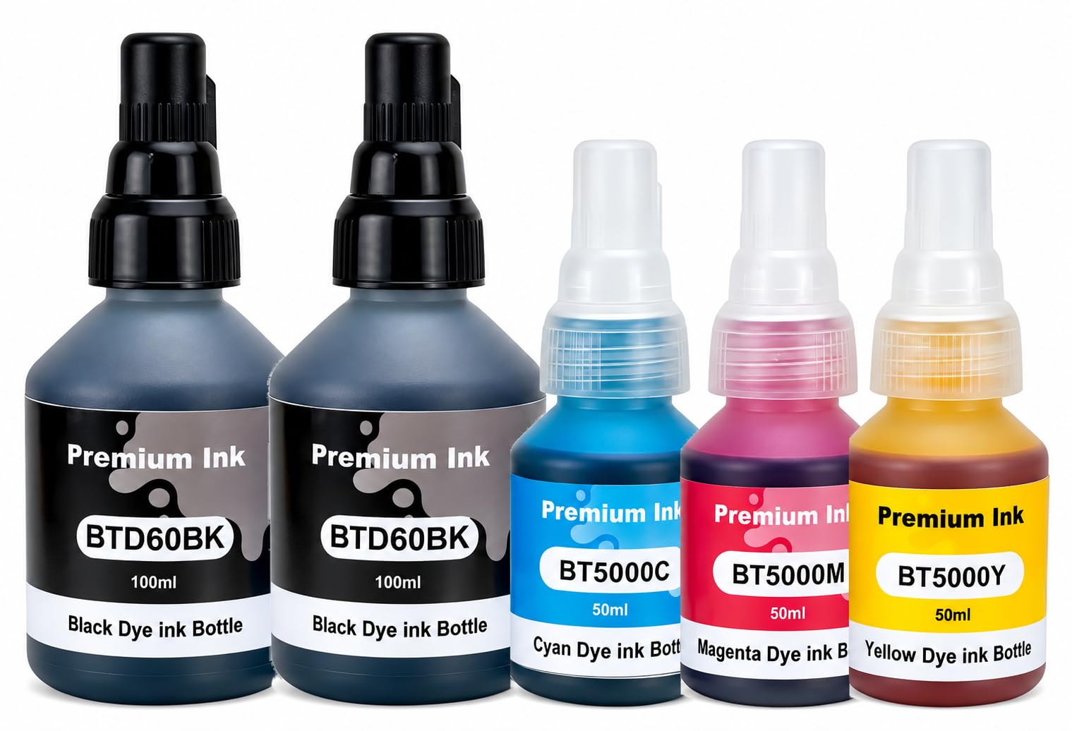 Nexnova® Ink BTD60 BT5000 5-Pack Compatible with Brother DCP-T300 T310W T428W T500W T510W T700W T710W MFC-T800W T810W T910DW HL-T4000DW T4500DW (2 Black, 1 Cyan, 1 Magenta, 1 Yellow)