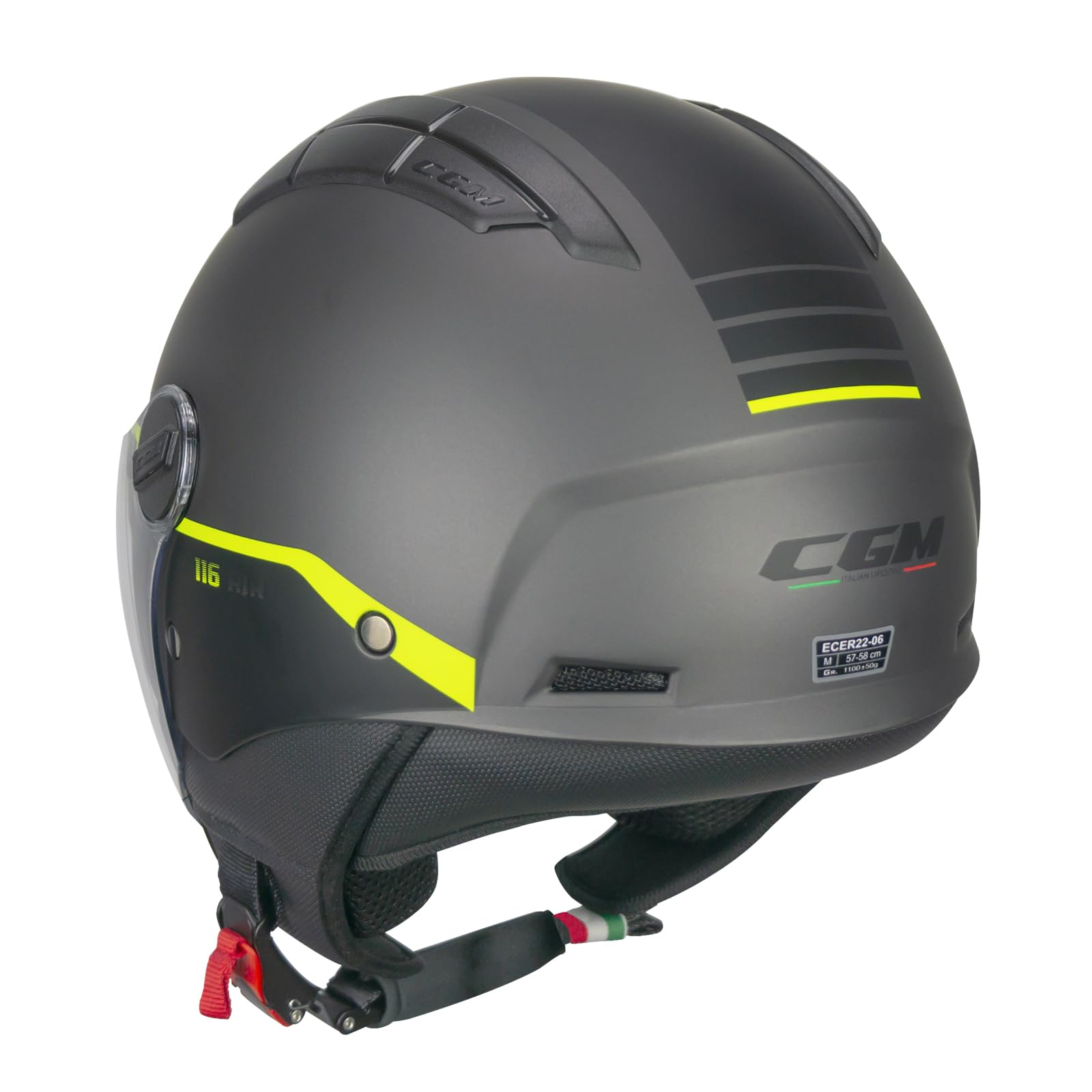 Casco Open Face CGM 116G AIR BICO, Omologato ECE 22.06, Grafite/giallo Fluo, Taglia XXXL (65-66 Cm), Visiera Parasole Interna, Interni Antibatterici