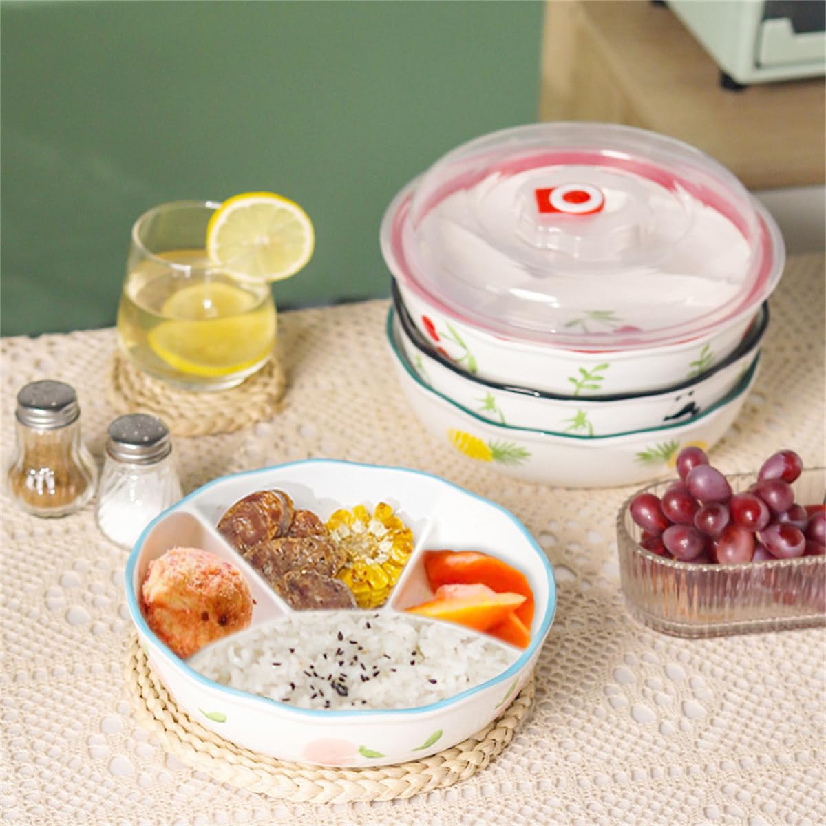 Amazon.co.jp: 和食器 4つ仕切皿 900ml 陶器 蓋付き 子供用 保育園