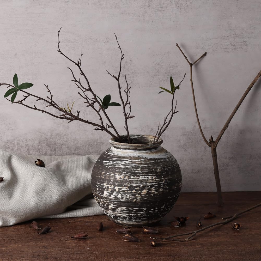 Vase Céramique Noir Vase Céramique Rustique 18cm PORCER - Style Ferme Bohème | Terre Cuite Noire | Décoration Intérieur Décoration Style Ferme