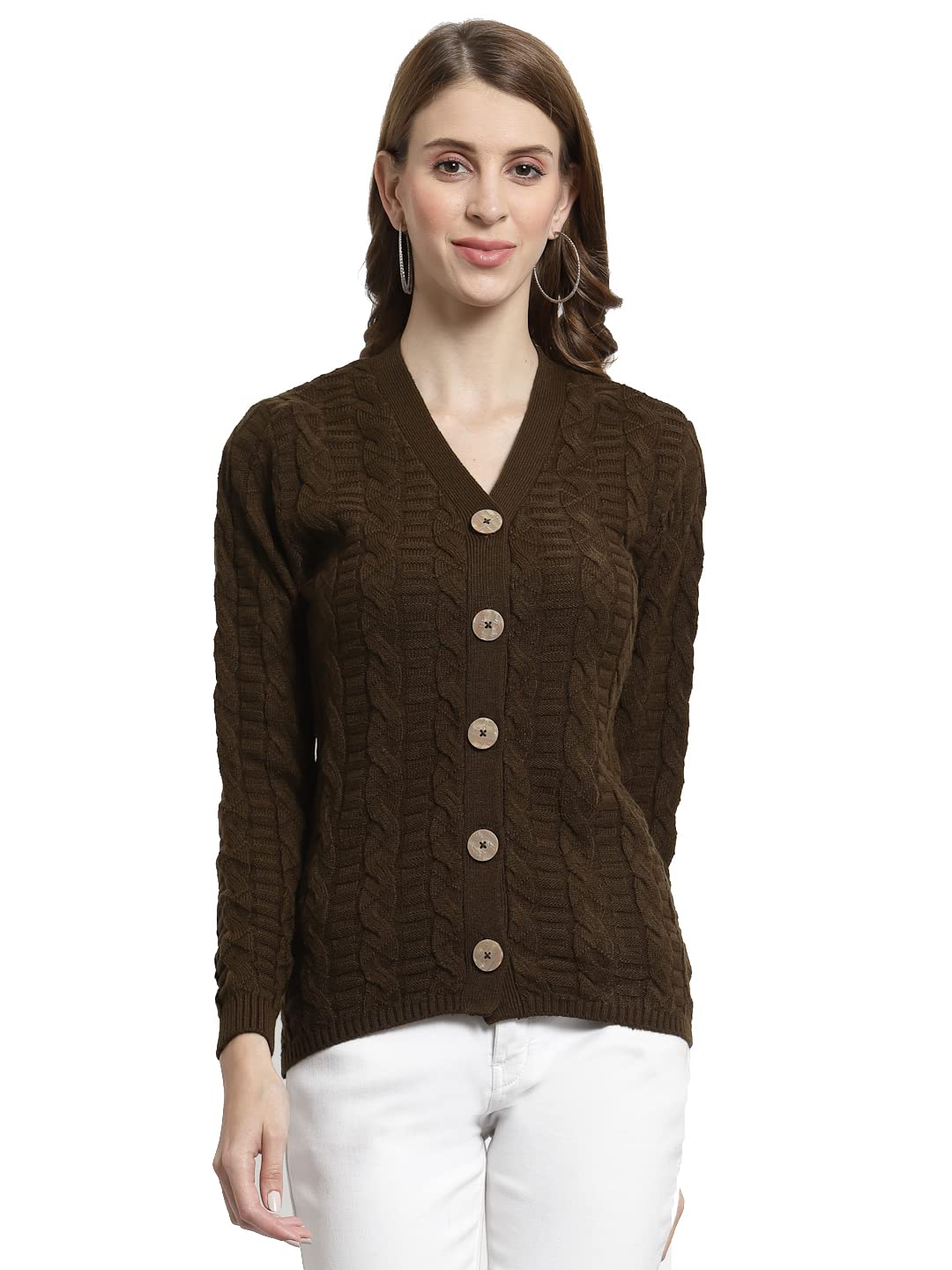 kalt Women Sweater for Winter Woolen Acrylic Full Sleeves V Neck Self Design Cardigan Sweater for Women Winter Woollen Stylish-picture-49