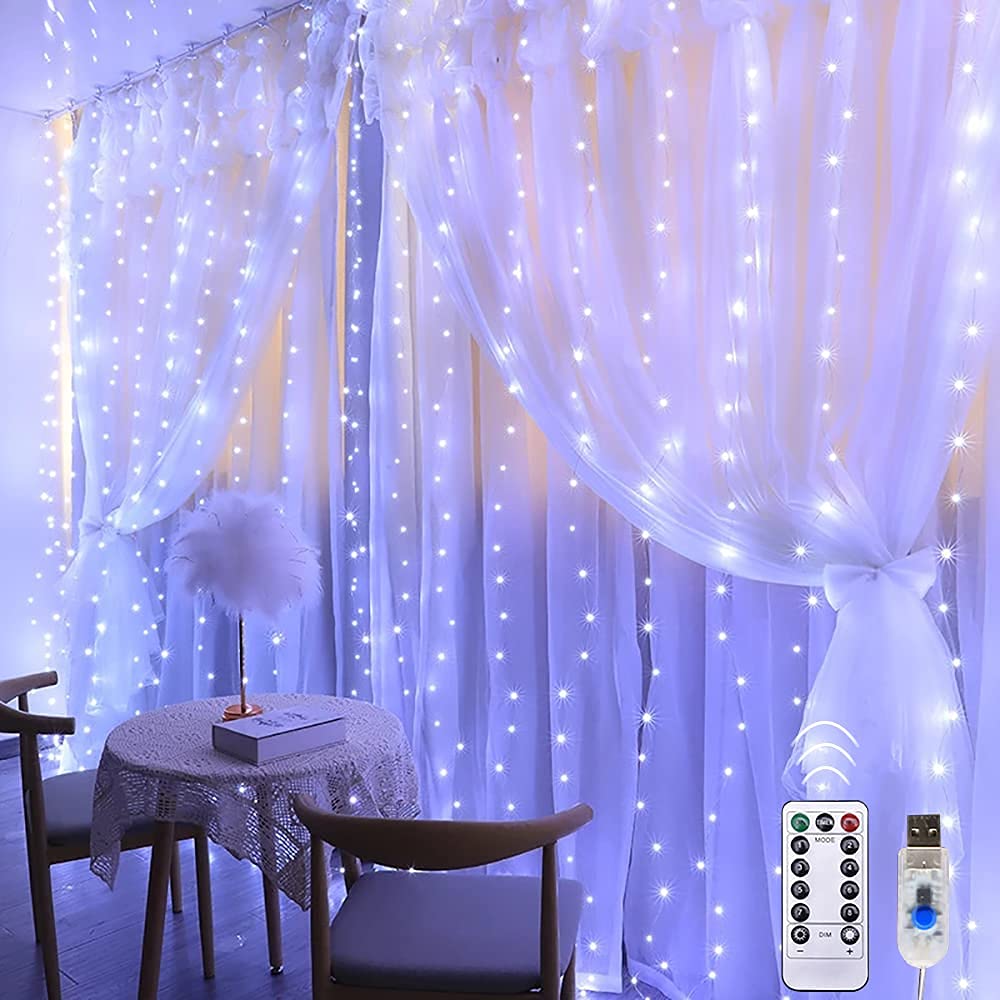 Curtain Fairy Lights - MUSUNIA 300 LED Fairy Lights for Bedroom, 3m x 3m Remote Control 8 Modes and Waterproof, Indoor Outdoor Curtain String Lights Decoration(Cold White)