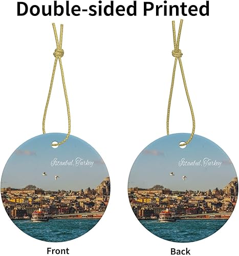 Miniatura 3 de Adorno de pavo de Estambul, adorno de Navidad impreso de cerámica de doble cara de 3 pulgadas, recuerdo de viaje por la ciudad, adornos colgantes