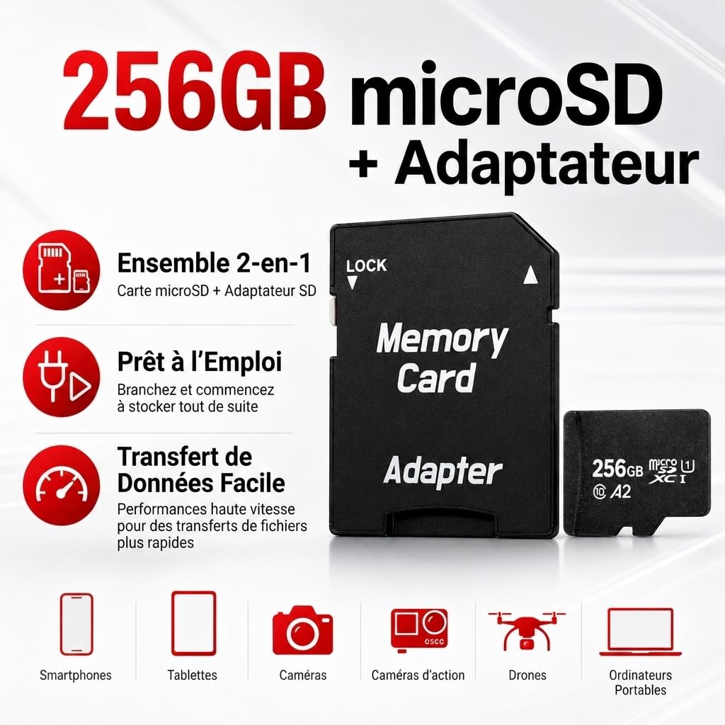Memory Card Carte Micro SDXC 256 Go Haute Vitesse (A2, U1, V30, Classe 10) avec Adaptateur SD – Carte mémoire pour Appareil Photo, téléphone, Tablette, Switch, vidéo