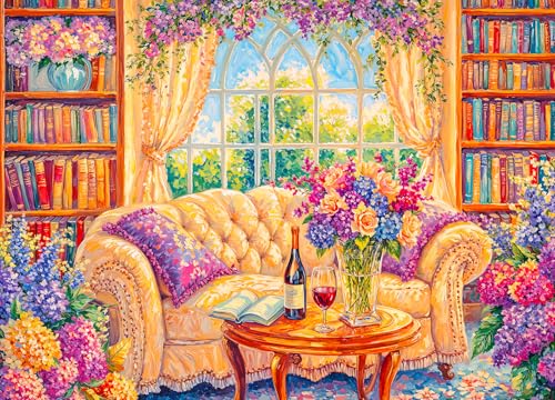 Cozy Reading Nook Jigsaw Puzzles for Adults 500 Pieces Books Flowers Jigsaws 500 Piece Puzzles for Adults