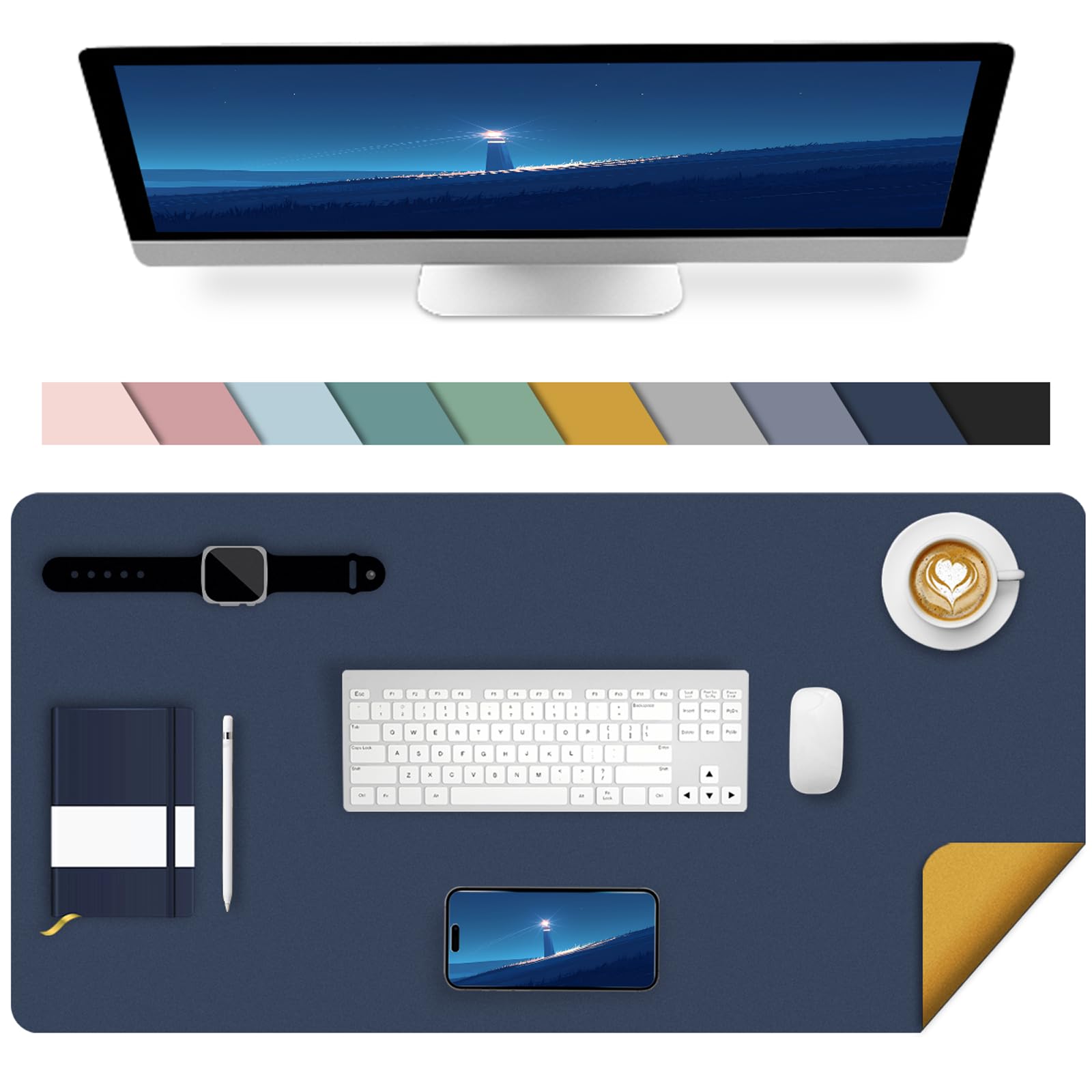Sevenpers Schreibtischunterlage Leder Doppelseitigen Wasserdicht Rutschfest Mauspad 80 x 40 cm Office Laptop Schreibtischmatte ideal für Büro, Home，Dunkelblau/Gelb