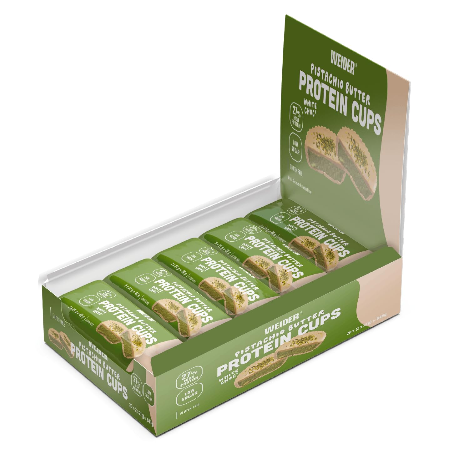 Weider Protein Cups Pistachio Butter (20x42g) Tartaletas con Alto Contenido de Proteínas y Bajo en Azúcar, con cobertura de Chocolate, Sin gluten (20 sobres de 2 tartaletas)