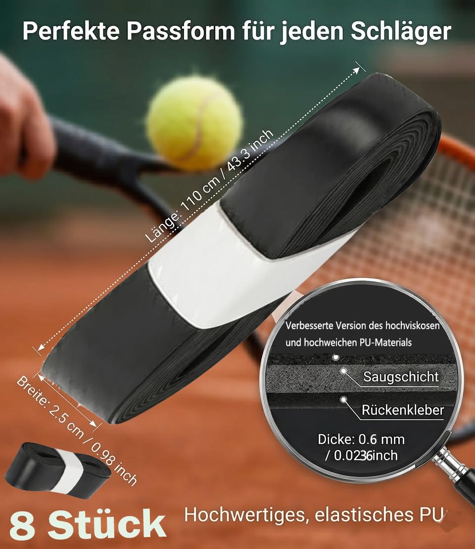 8er Set Griffband Tennisschläger Overgrip, Anti-Rutsch PU Griffband – Schweißabsorbierend, Komfortgriff für Tennis Badminton Golfstange Squash Schläger