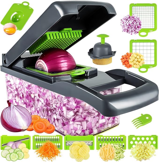 AILEXIM Vegetable Chopper 14-in-1 Slicer Veggie Food Chopper with Container Multi functional Vegetable Chopper Spiralizer Onion Salad Cutter Kitchen Gadgets & Accessories Home Essentials (Green/Grey)