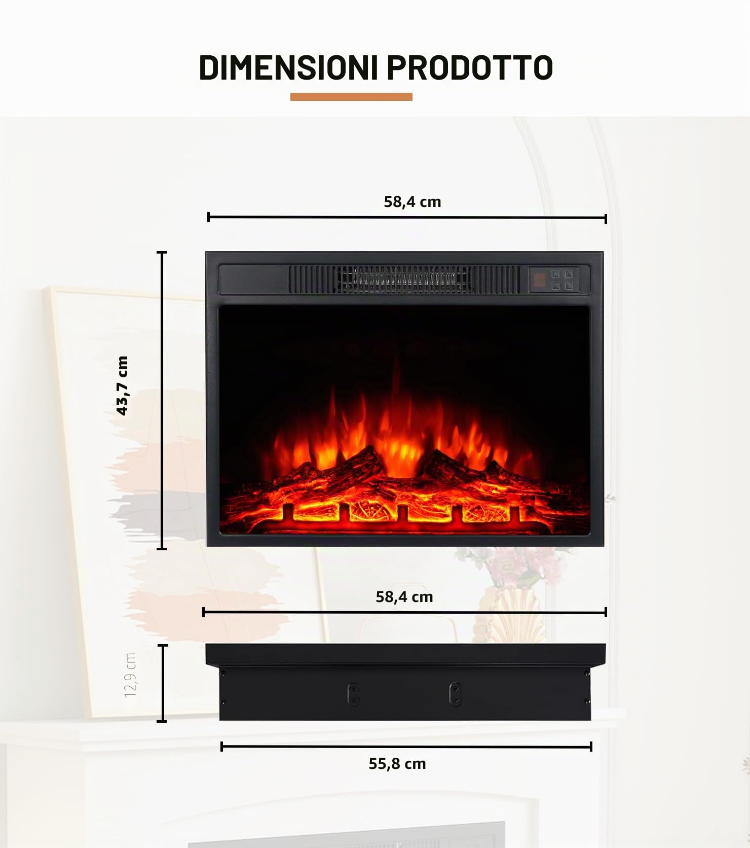 M.C.Haus Camino elettrico da 58 cm, da incasso, indipendente, 1800 W, con 3 colori di fiamma e 3 livelli di luminosità, protezione da surriscaldamento, effetto realistico