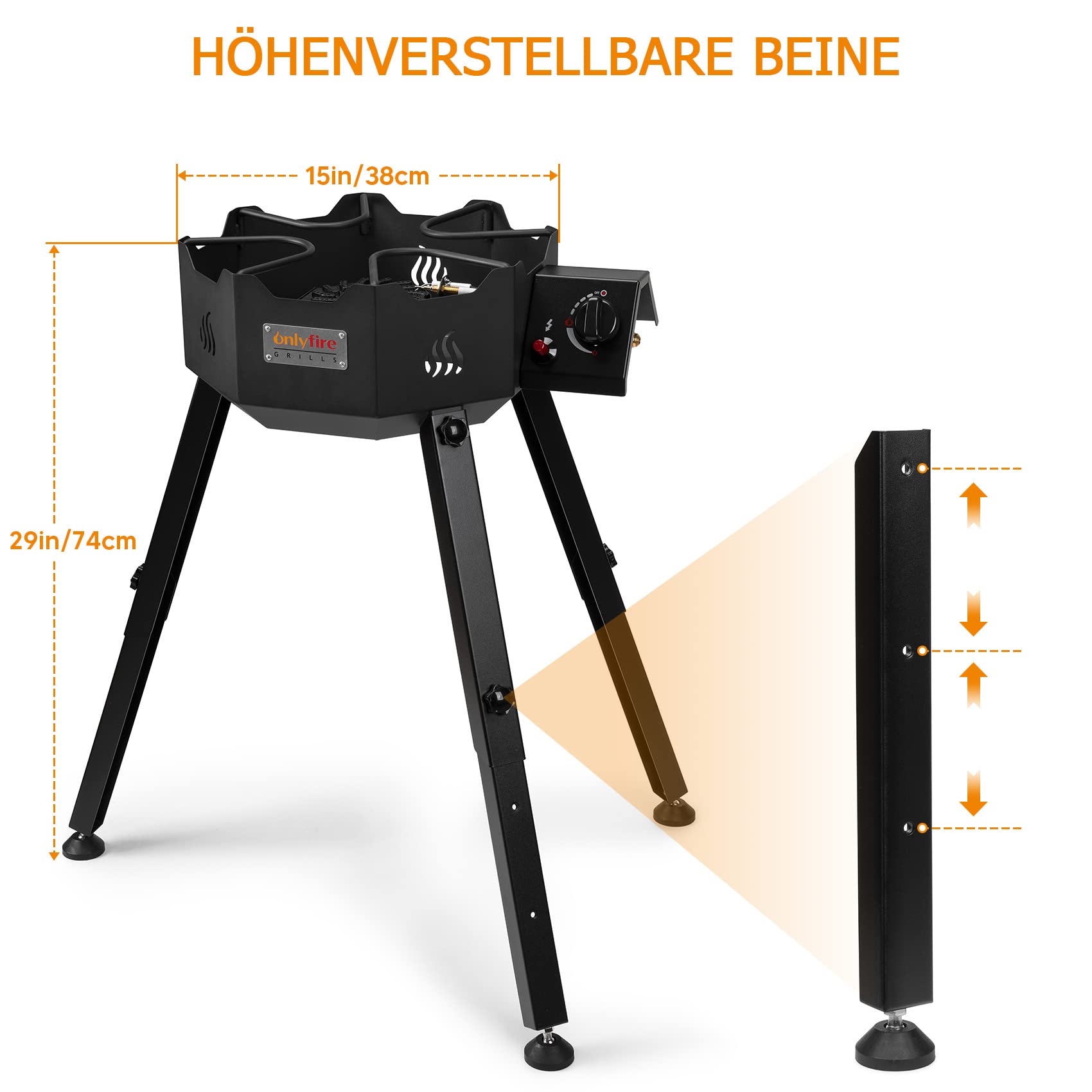 Onlyfire 5.2Kw Campingkocher | Gas-Hockerkocher | Wok Gasbrenner mit Verstellbare & Abnehmbare Füße, Outdoor Gasherd Camping Gaskocher Grill inkl. Gasschlauch und Gasdruckregler