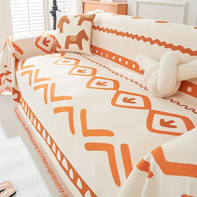 Story@Home Chenille Sofa Cover 3 Seater Fully Covered | Thick & Soft Anti Slip Chenille 3 Seater Sofa Cover for Living Room 180 cm x 340 cm (Off White & Orange)-image-45