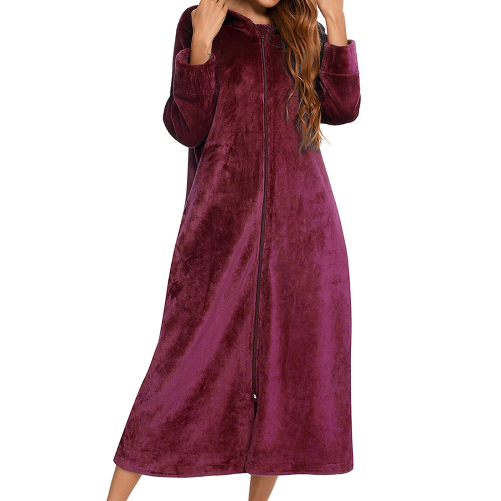 Generisch Peignoir en flanelle à manches longues avec fermeture éclair pour femme - Vêtements de nuit chauds en hiver - Idéal comme cadeau