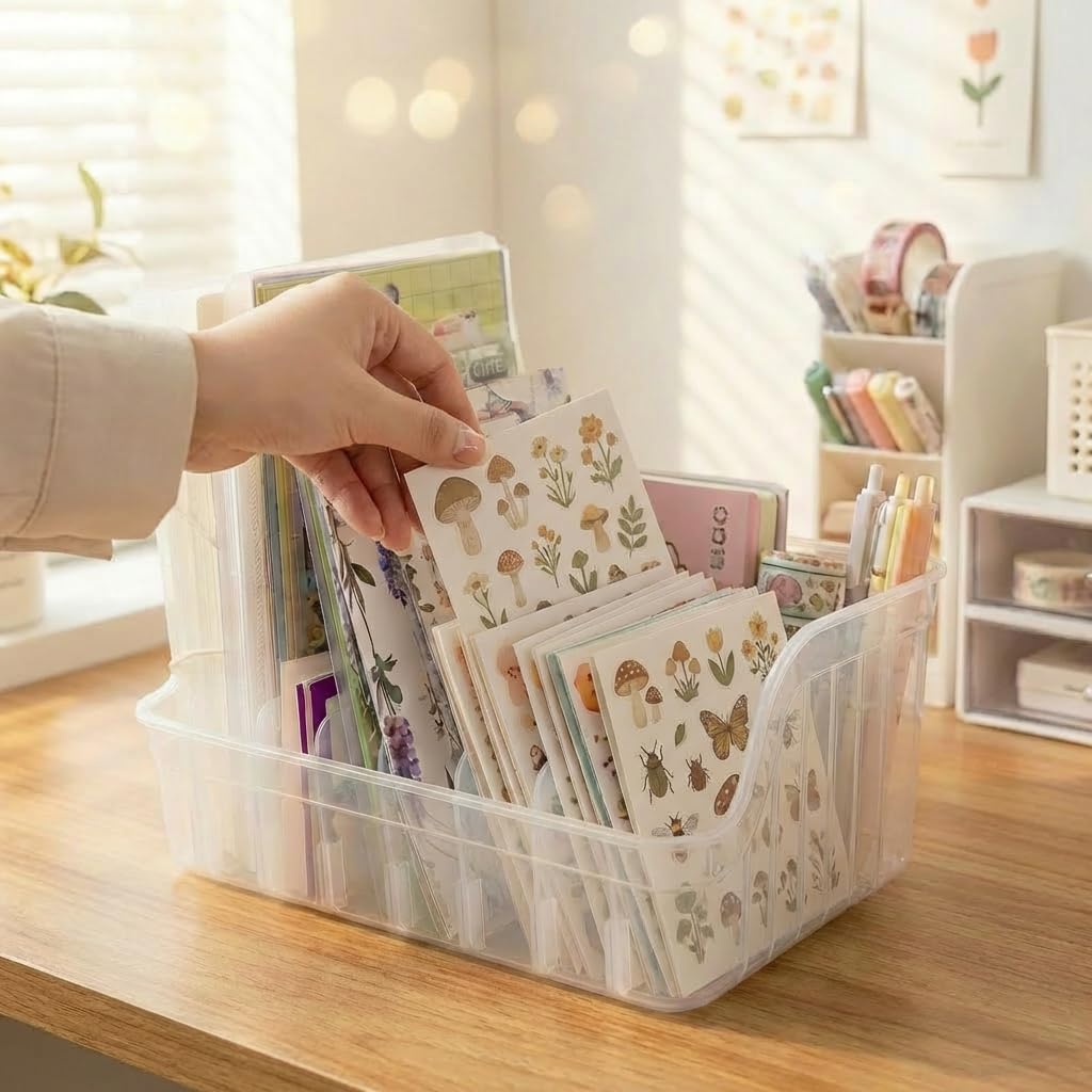 Clear Sticker Organizer Storage Box with Dividers, See All Your Stickers at a Glance, Craft Organizer and Storage for Washi Tape, Journal Supplies & Scrapbooking, Space Saving Sticker Display Holder