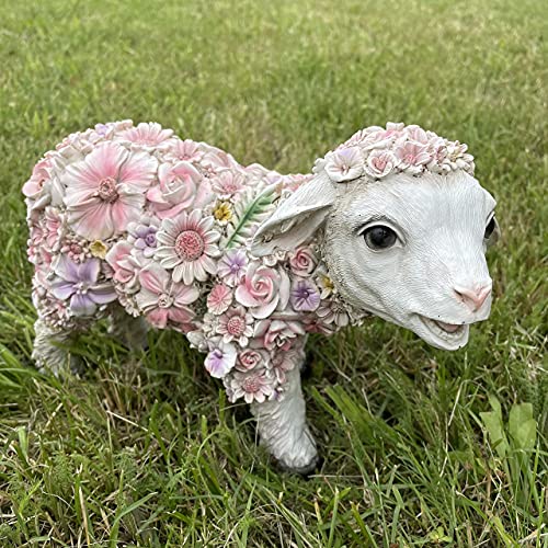 OF Gartenfiguren süsses Schaf mit Blumen verziert - Gartenfigur Lamm Deko für außen Tiere groß (Schaf stehend)