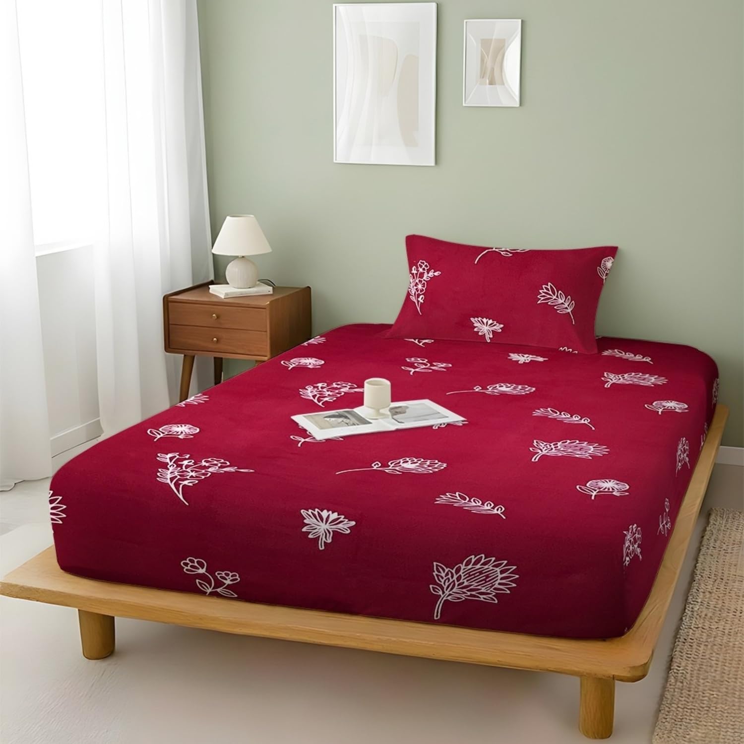 Super Soft Super Comfortable Pure Cotton Feel Ruby Floral 300 TC 90x60 inches Single Bed Size Flat Bedsheet with One Pillow Cover-picture-24