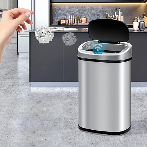 Miniatura 6 de Dkeli Basurero automático de acero inoxidable con tapa, 13 galones / 50 litros sin contacto para el hogar, oficina, sala de estar, dormitorio, baño,
