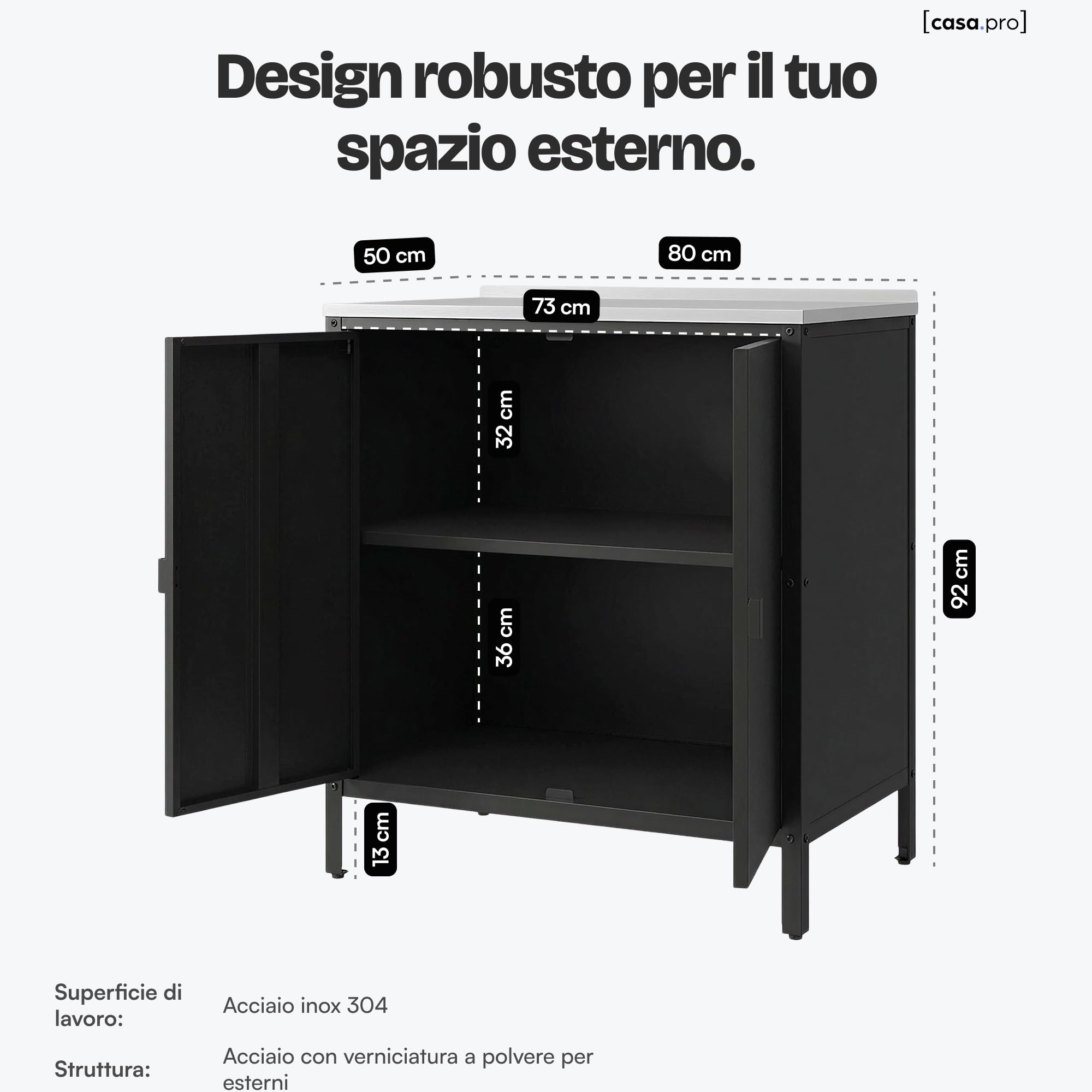 casa.pro Armadio da Giardino Mobile Organizzatore da Esterno 92 x 80 x 50 cm Armadietto in Acciaio con 2 Ante e Ripiano Piedini Regolabili per Livellare - Nero Opaco