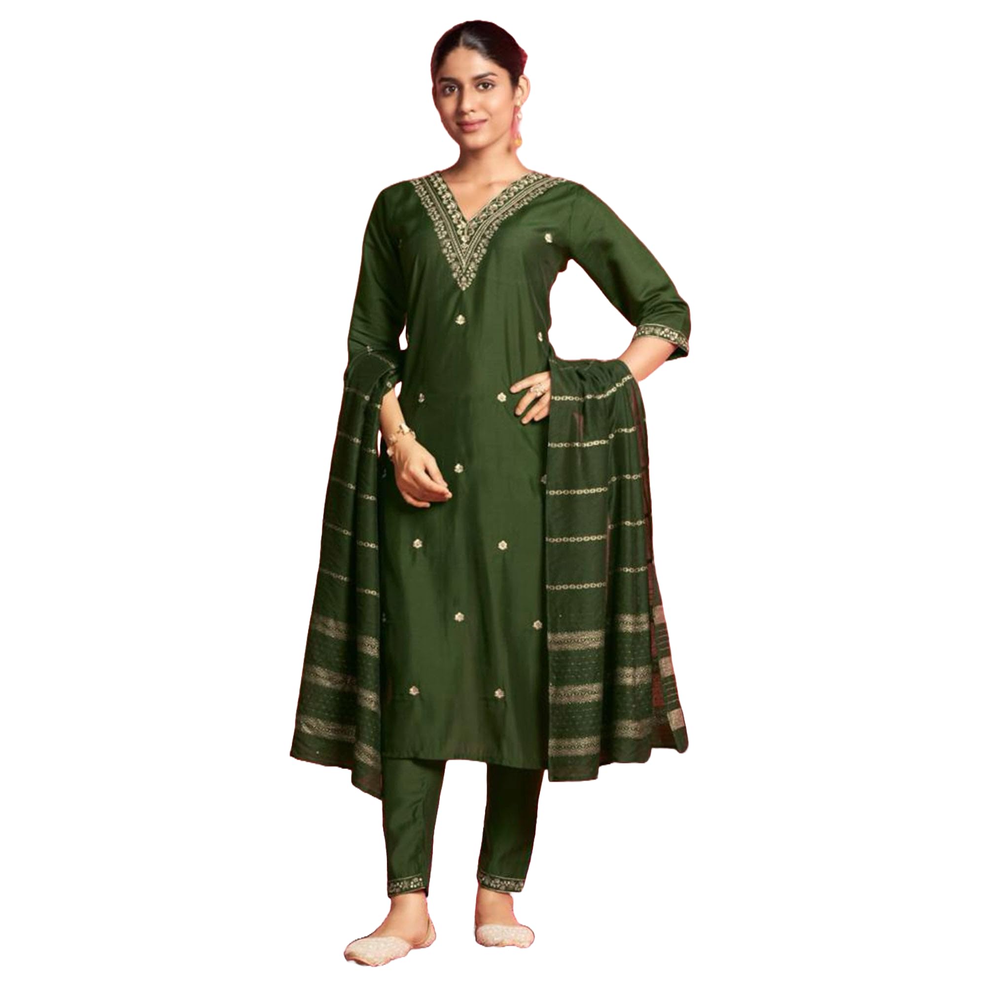 Lookmark Women's Pure Cotton Straight Kurta Pant Dupatta Set With Elegant Embroidery - Perfect For Every Occasion (Az-Lm-Og-Ks2106-M) Green